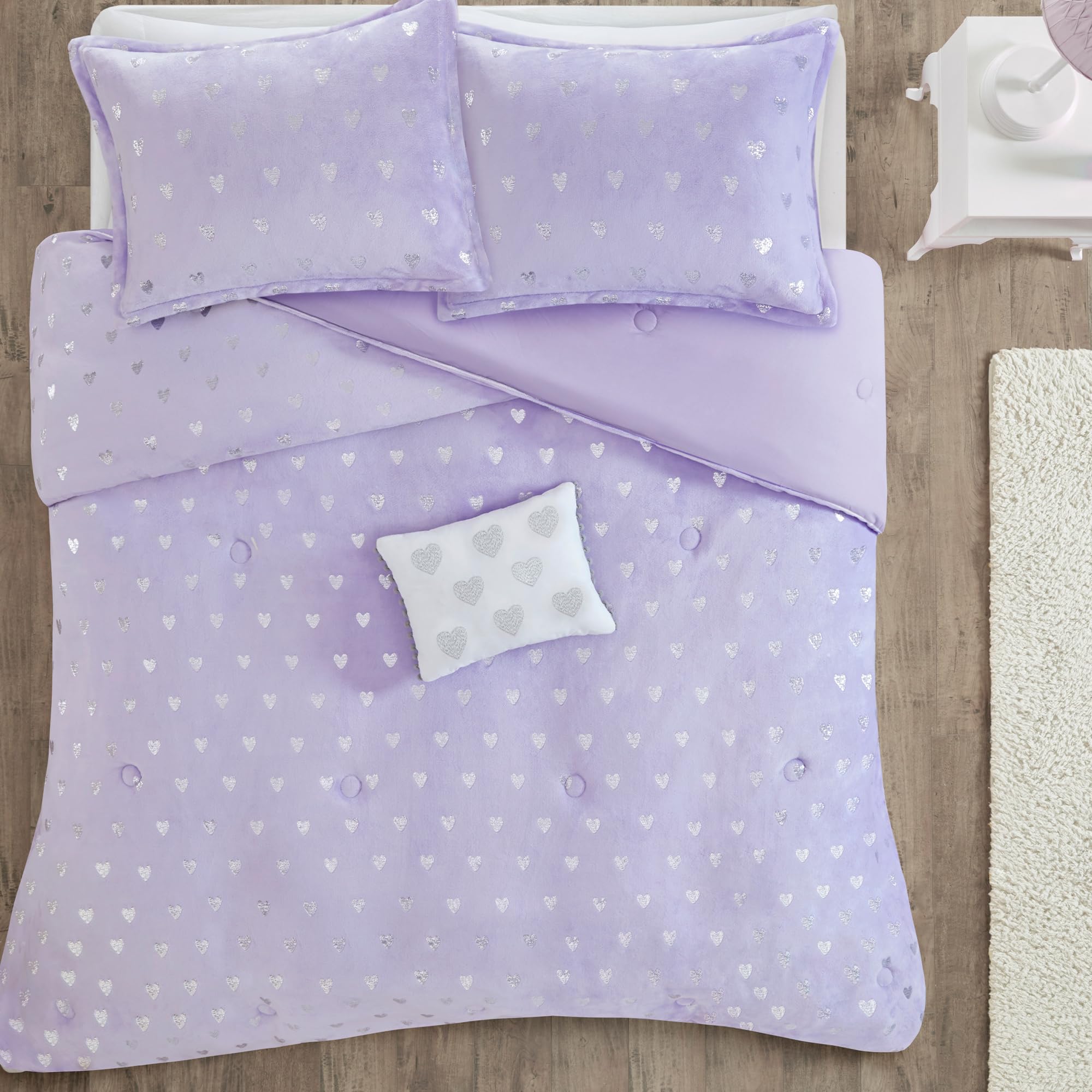 MI ZONE Comforter ultramiękki mikrolekki pluszowy metaliczny nadruk serca szczotkowane odwrócone przepełnione alternatywne hipoalergiczne całoroczne pościel, mikrofibra, fioletowy/srebrny, podwójny XL