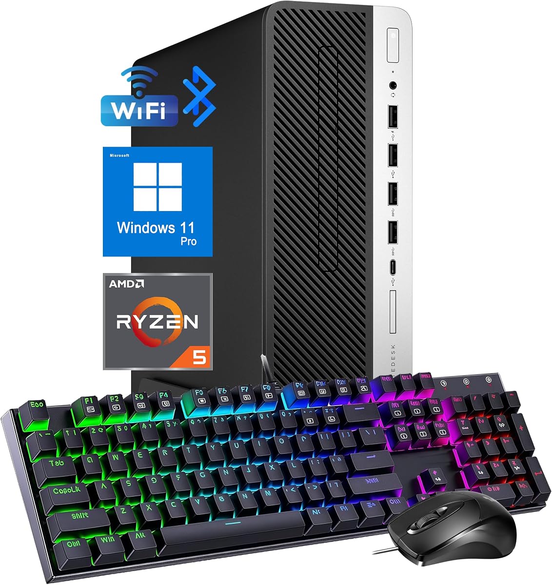 Computadora de escritorio HP EliteDesk 705 G4 SFF, PC AMD Ryzen 5 PRO 2400G, 8 GB de RAM, 256 GB SSD, WiFi, Bluetooth, teclado y mouse, Windows 11 Pro (renovado)
