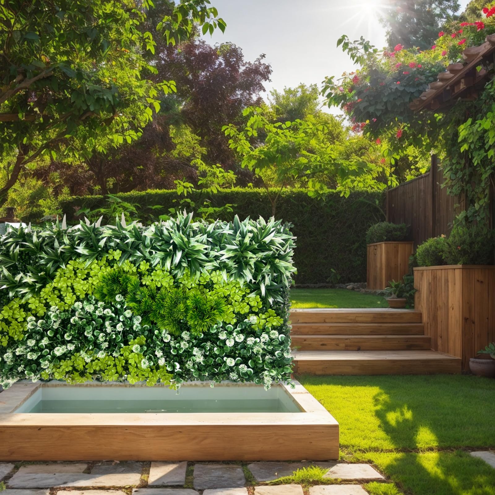 Generisch Künstliches grünes Wandpaneel 50 cm x 100 cm für den Innen- und Außenbereich. Kunstpflanzen-Wandpaneele mit realistischem Grün für Haus, Garten, Büro, Geschäft, Café, Hochzeit (L)