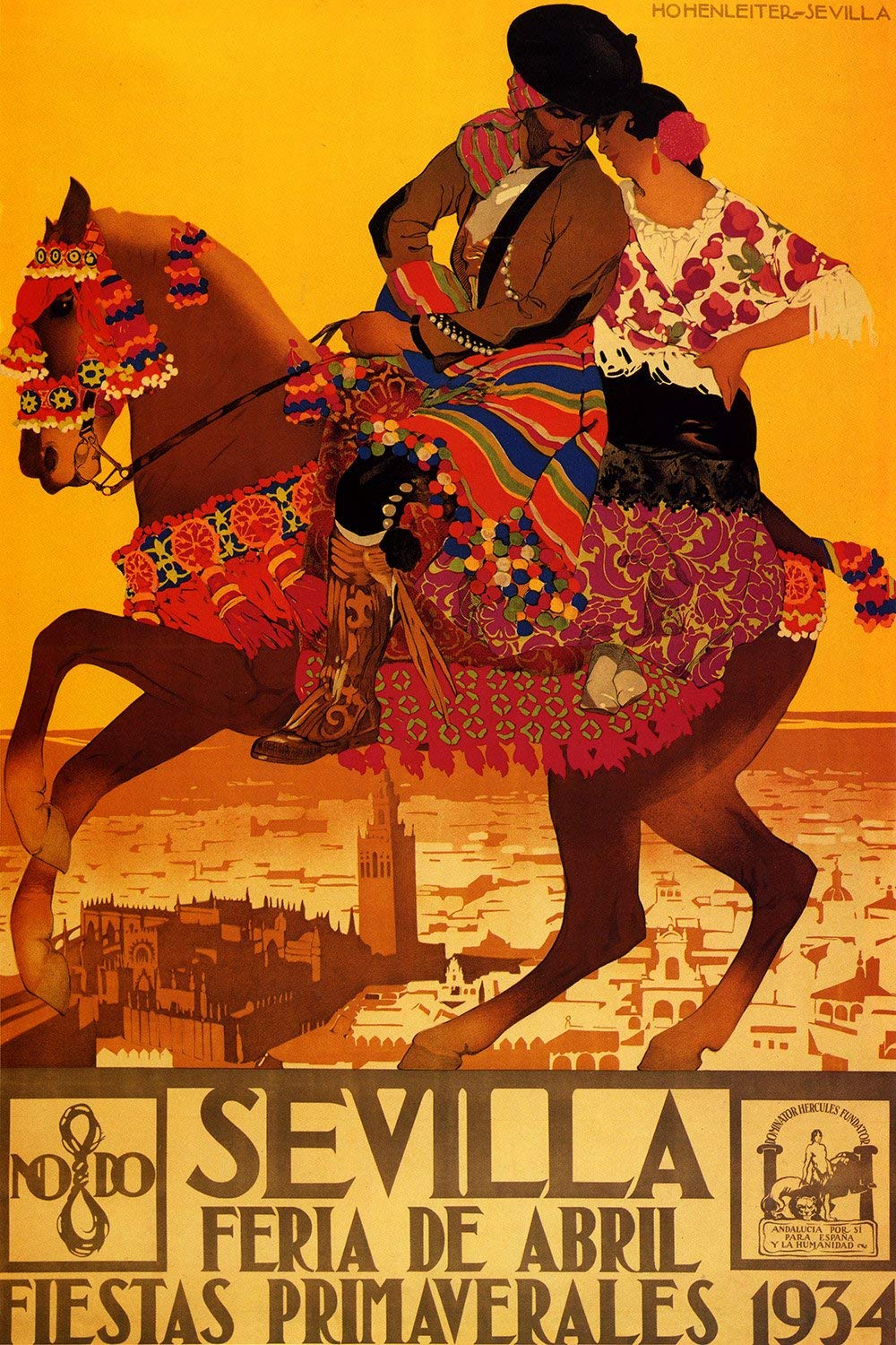 Tin Sign Earthy Tones Vintage Metal Tin Poster - 1934 Sevilla Feria De Abril & Fiestas Primaverales Spanish Travel Poster Reproduciton - Landscape Poster Character Poster Creature Poster 11.8 X 7.8 Inches (30X20cm)