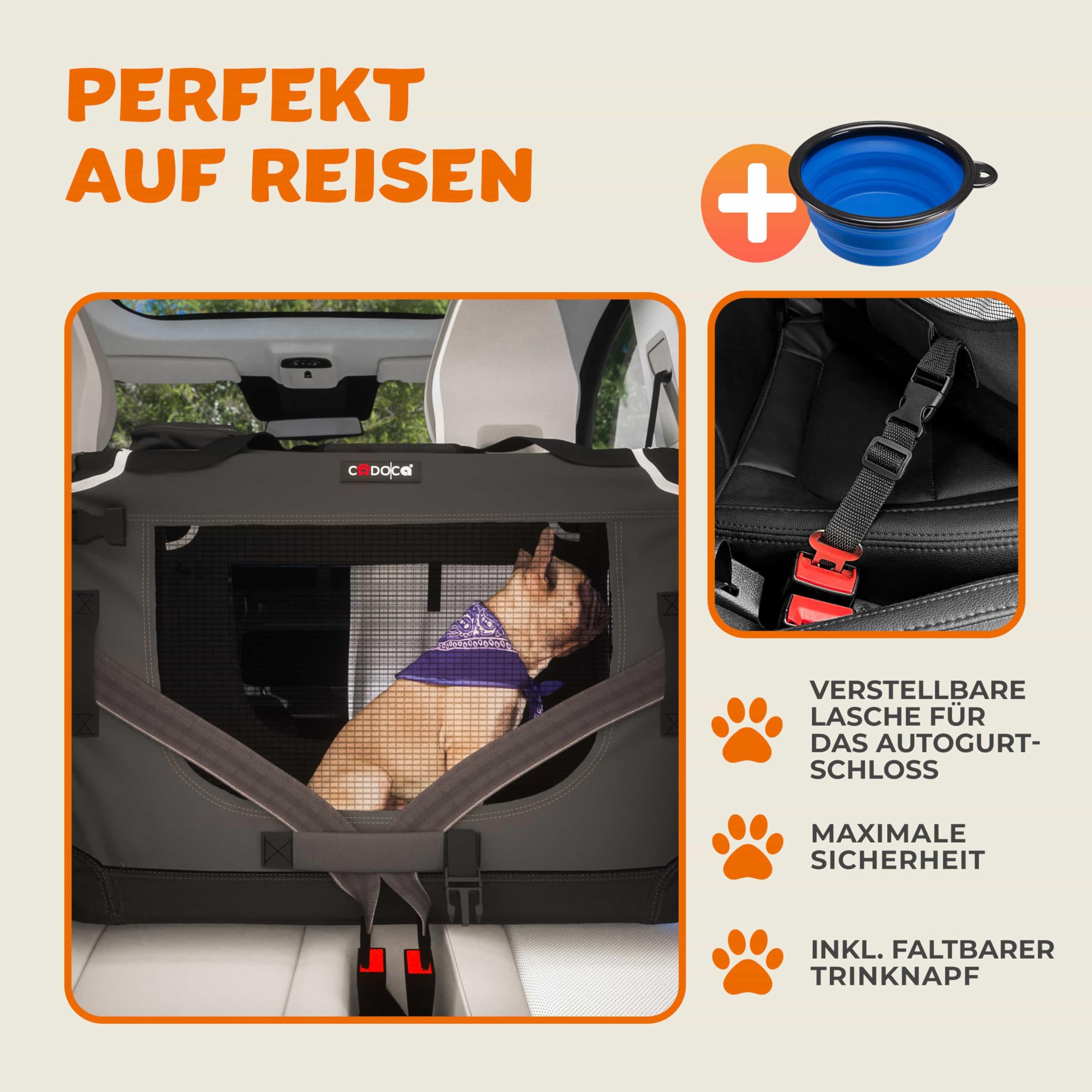 CADOCA® Hundebox faltbar Transportbox XXXL 101x70x70cm robust atmungsaktiv Transporttasche Auto Rückbank Haustiertransportbox Hundetragetasche Anthrazit