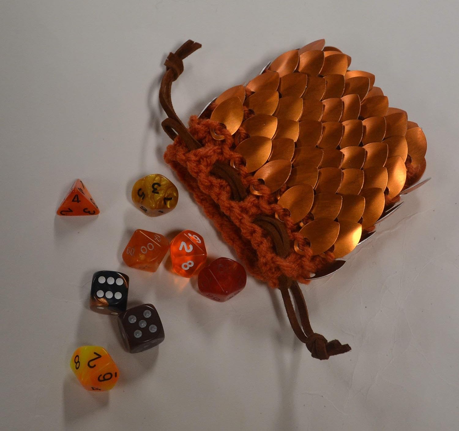 Scalemail Dice Bag size small Orange knitted Dragonhide Armor 3.5" x 3.5" image 2