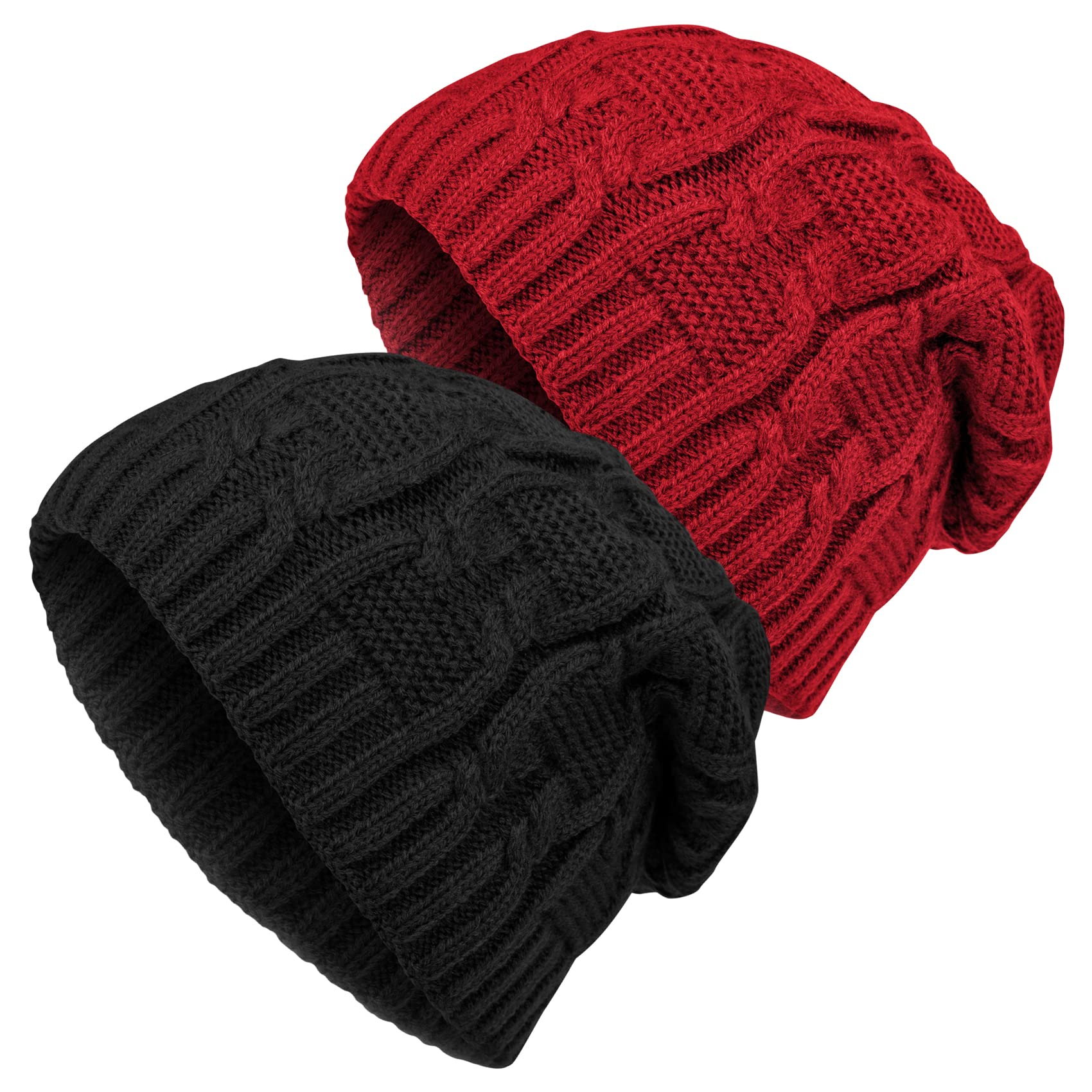 Beanie Hat Black and White, 2 Pack Women Winter Knitted Double Layer Lovely Bobble Hats with Faux Pompom - Black/White Beanie hat - One Size (Black+White)