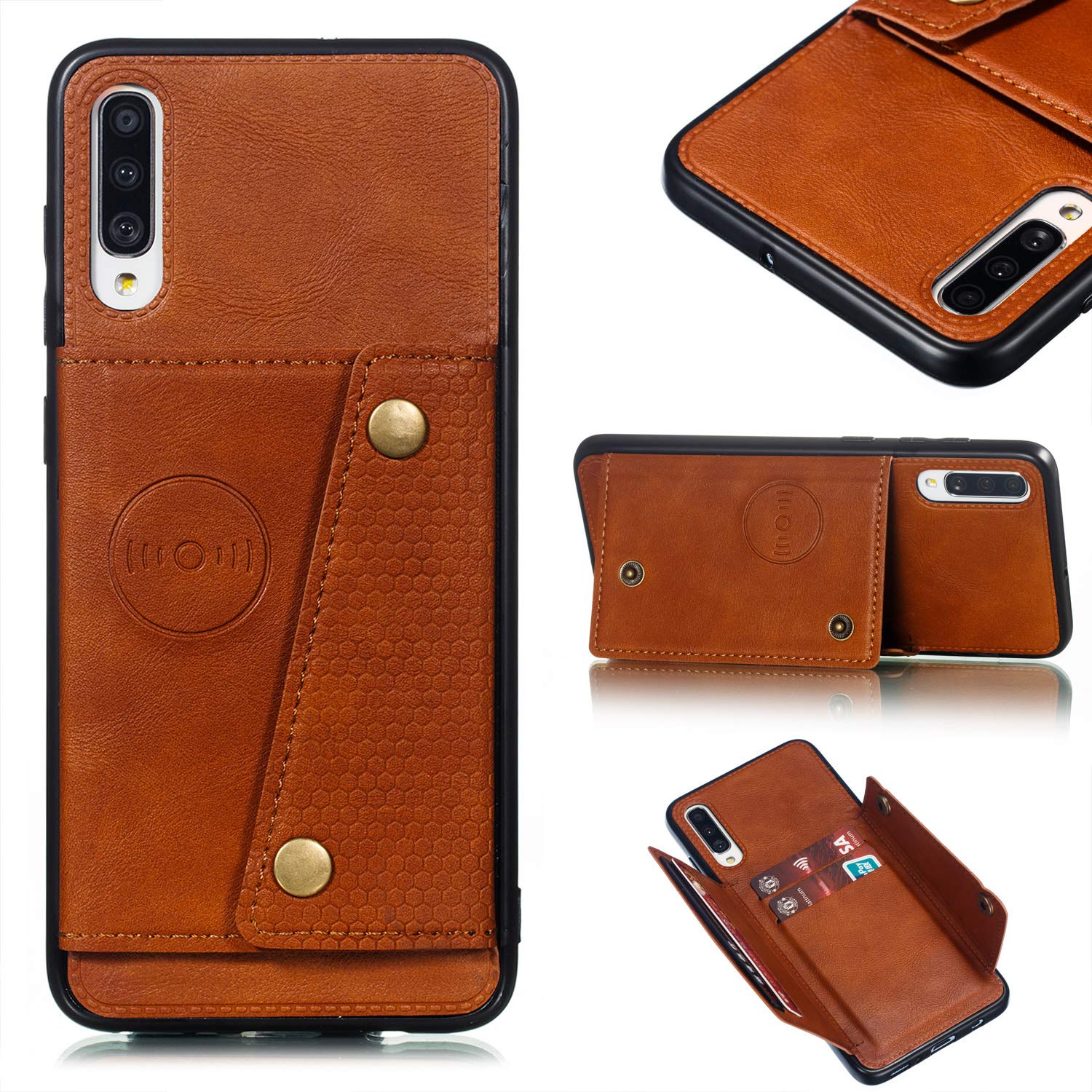Case Compatible with Samsung Galaxy A70 / A70S Kickstand [PU Leather + Shell + Card holder] 2 in 1 Magnetic Cover Brown