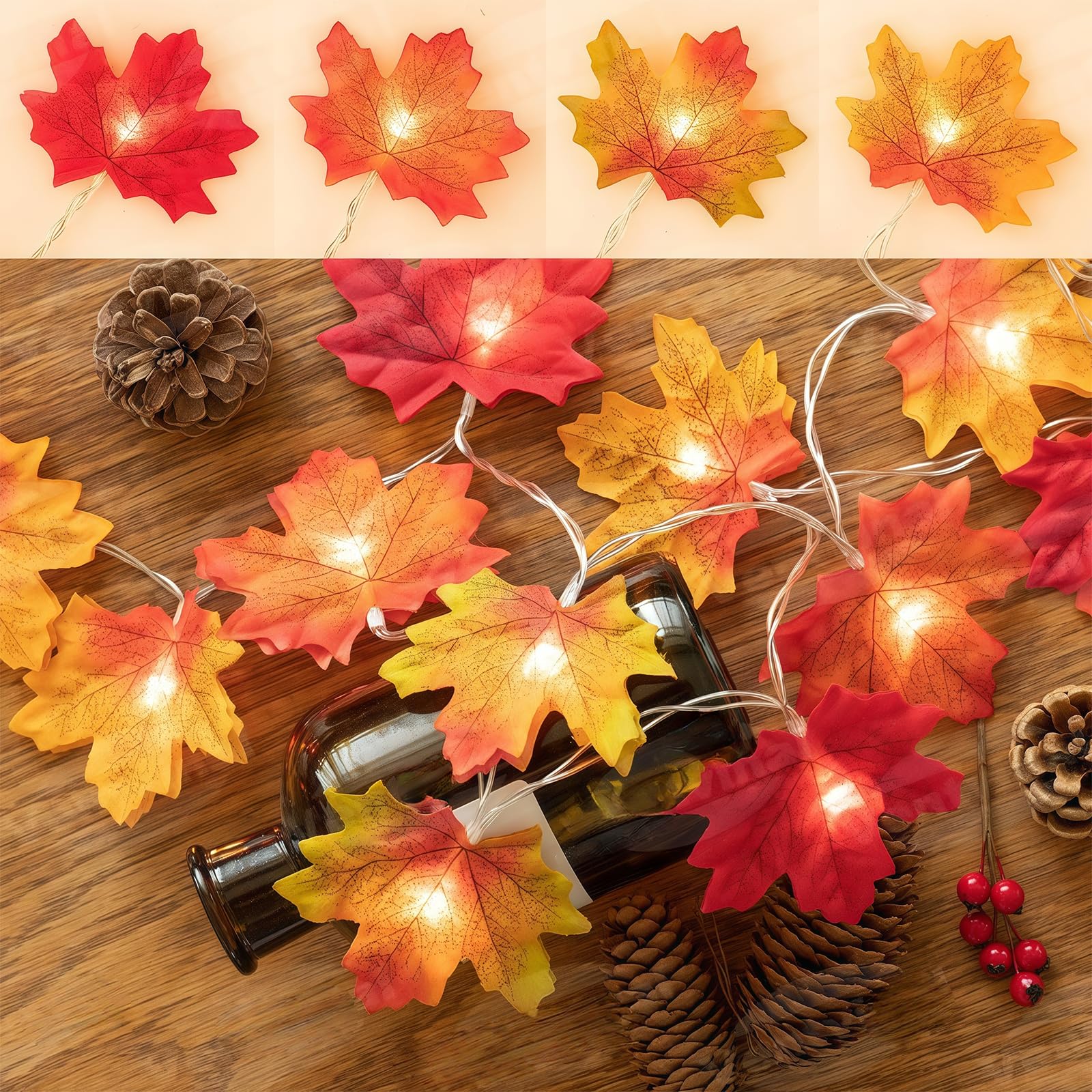 Solihigh Maple Leaf Lights,3M 20 LED Autumn Decoration Autumn Leaf Lights for Fall Decor Halloween Decorations New Year Festival Party Indoor Outdoor - Image 3