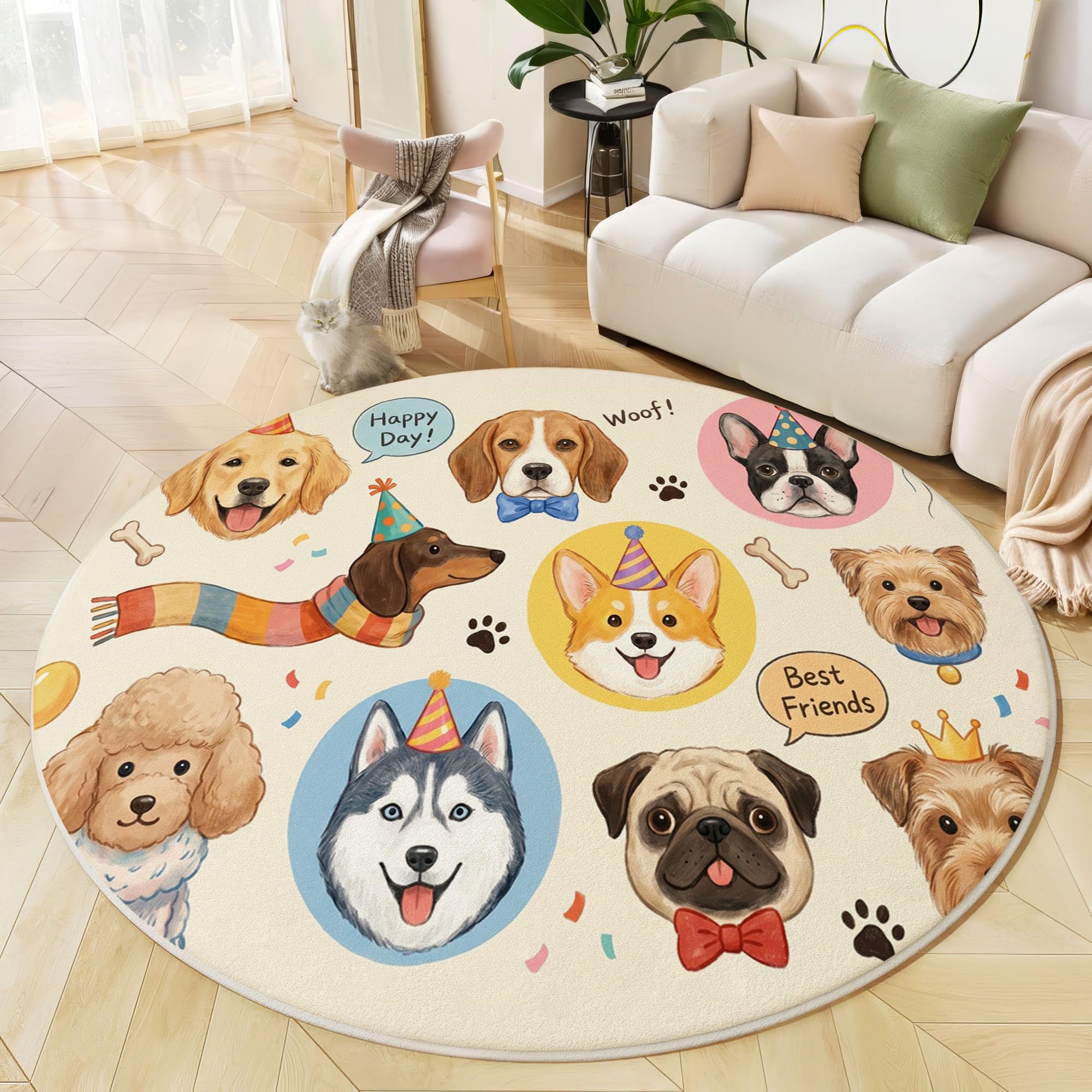 Teppich Bunt Rund 160cm, Flauschiger Kurzflor Haustiere Kindheitserinnerungen runder Teppich, Waschbarer Flanell Welpe Partyhut Knochen Teppiche, für Kinderzimmer Spielzimmer Küche Flur