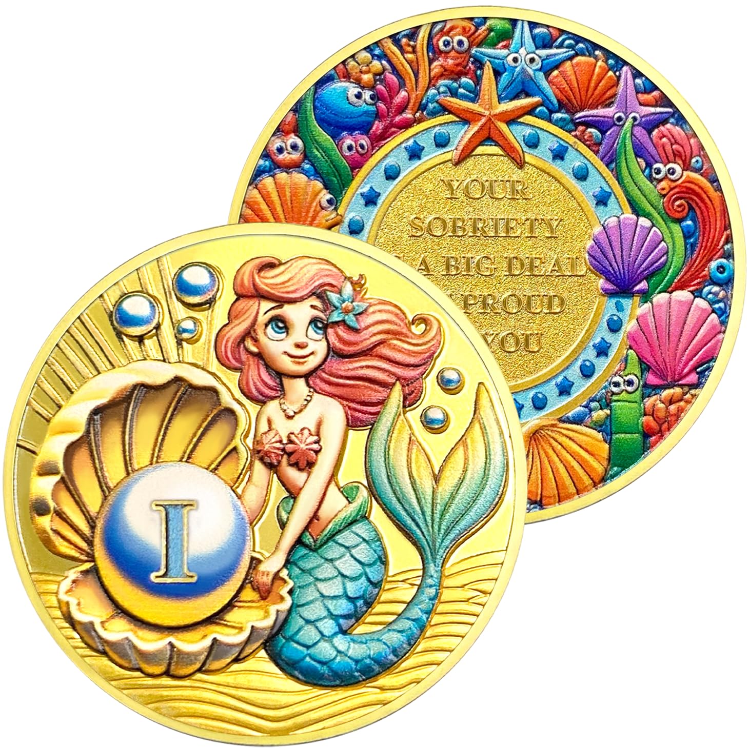 1 Year Sobriety Coin | Pearl Mermaid Alcoholics Anonymous Coins AA Sobriety Gifts for Men & Women | Celebratory Living Clean AA Coin for Annual Sober