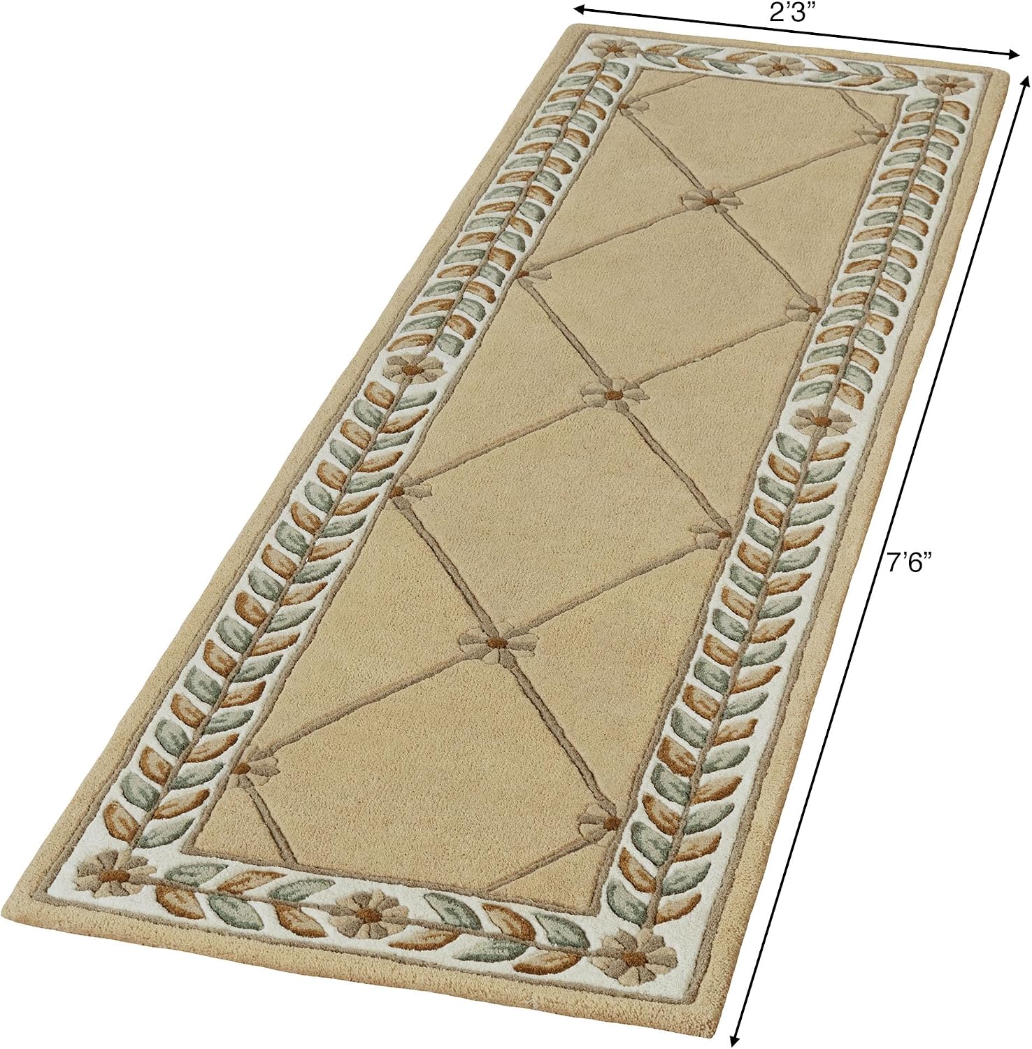 Fleurette Traditional Runner Rug | 2 feet 3 inches x 7 feet 6 inches | Antique Classic Gold | Elegant Hand-tufted & Handcarved Pure Wool Rectangle Runner Rug with Diamond Latticework, Florals & Leaves