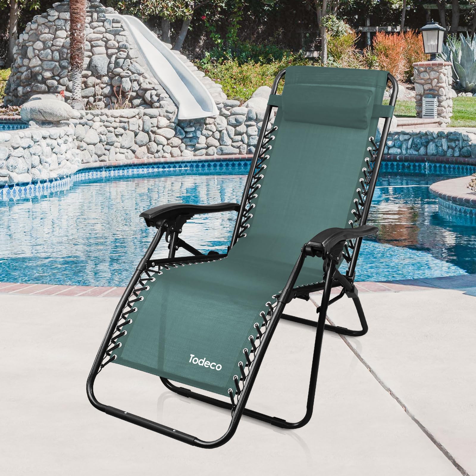 Sotech Todeco Sdraio Per Giardino, Sedia Pieghevole A Gravità Zero, Verde | Textilene resistente, cuscino incluso, carico massimo 100 kg, struttura in acciaio, sdraio da giardino