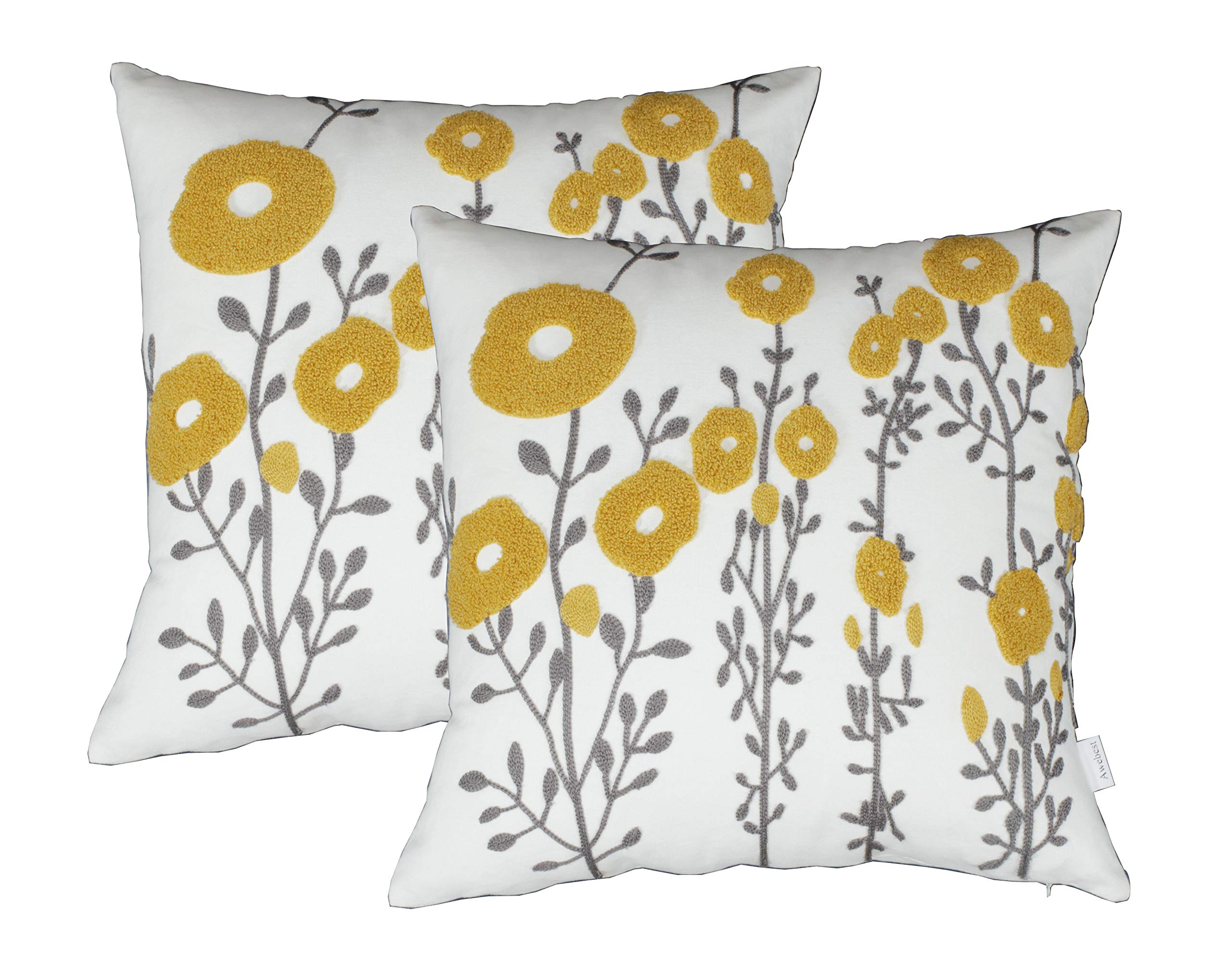 Awebest Mustard Yellow Flora Throw Pillow Covers Fall Decorative Pillowcase 18x18 Embroidered Cushion for Home Living Room Farmhouse Couch Sofa Picnic