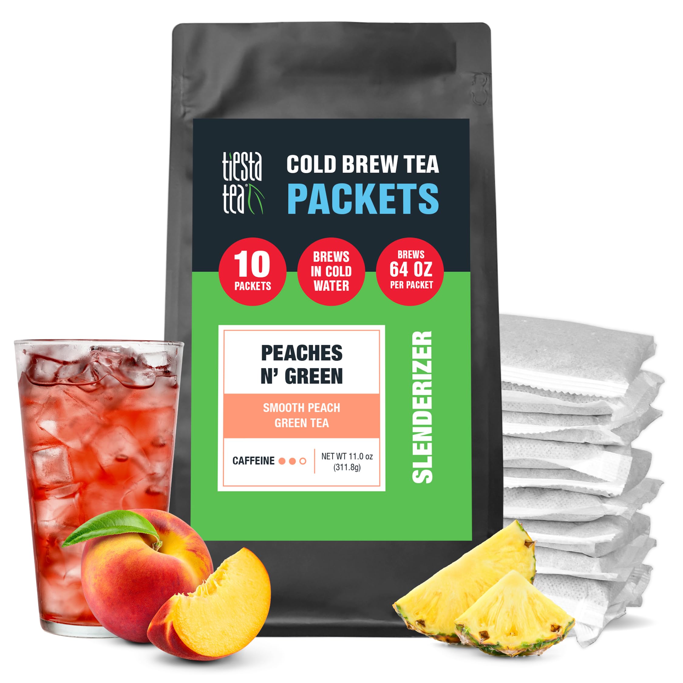 Tiesta Tea - Peaches N' Green Cold Brew, Loose Leaf, Smooth Peach Green Tea, Premium Medium Caffeinated Iced Drink, Cold Brew Packets, Makes 64 oz of