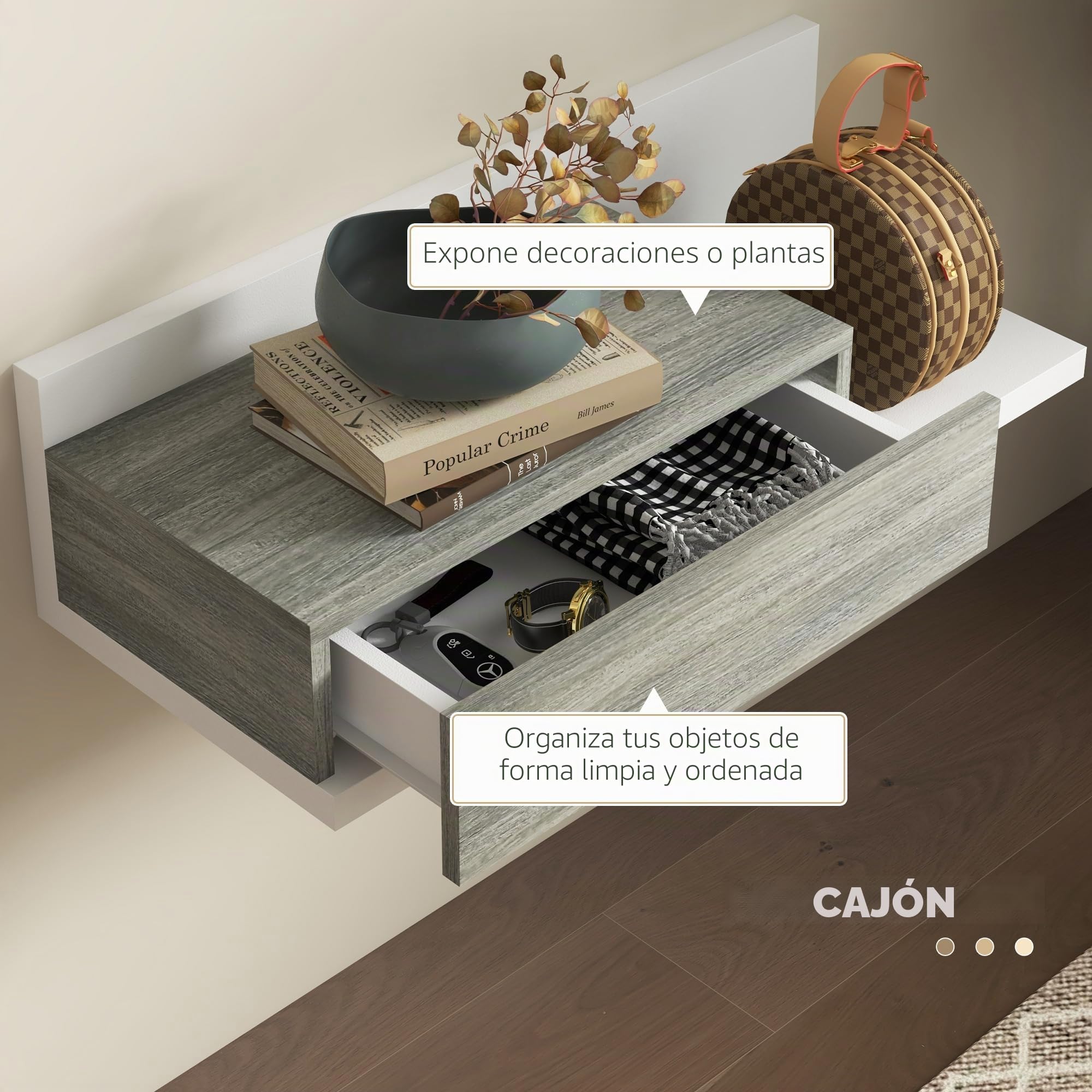 HOMCOM Juego de Muebles de Entrada Recibidor con Espejo y Cajón Recibidor Colgante para Pasillo Estilo Moderno 75x3,5x75 cm y 75x30,5x20 cm Blanco y Gris