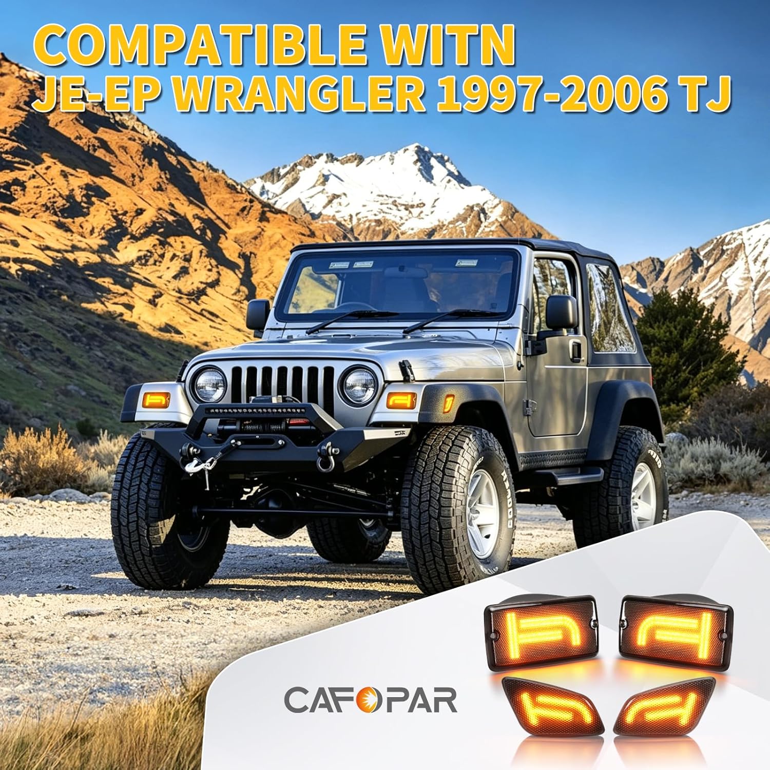 Brighter TJ LED Turn Signal Lights and Side Marker Lights with Cool TJ Shape, Front Turn Signal Lamps Fender Side Markers Lights with Smoked Lens Covers Fit for Wrangler TJ 1997-2006, Plug & Play