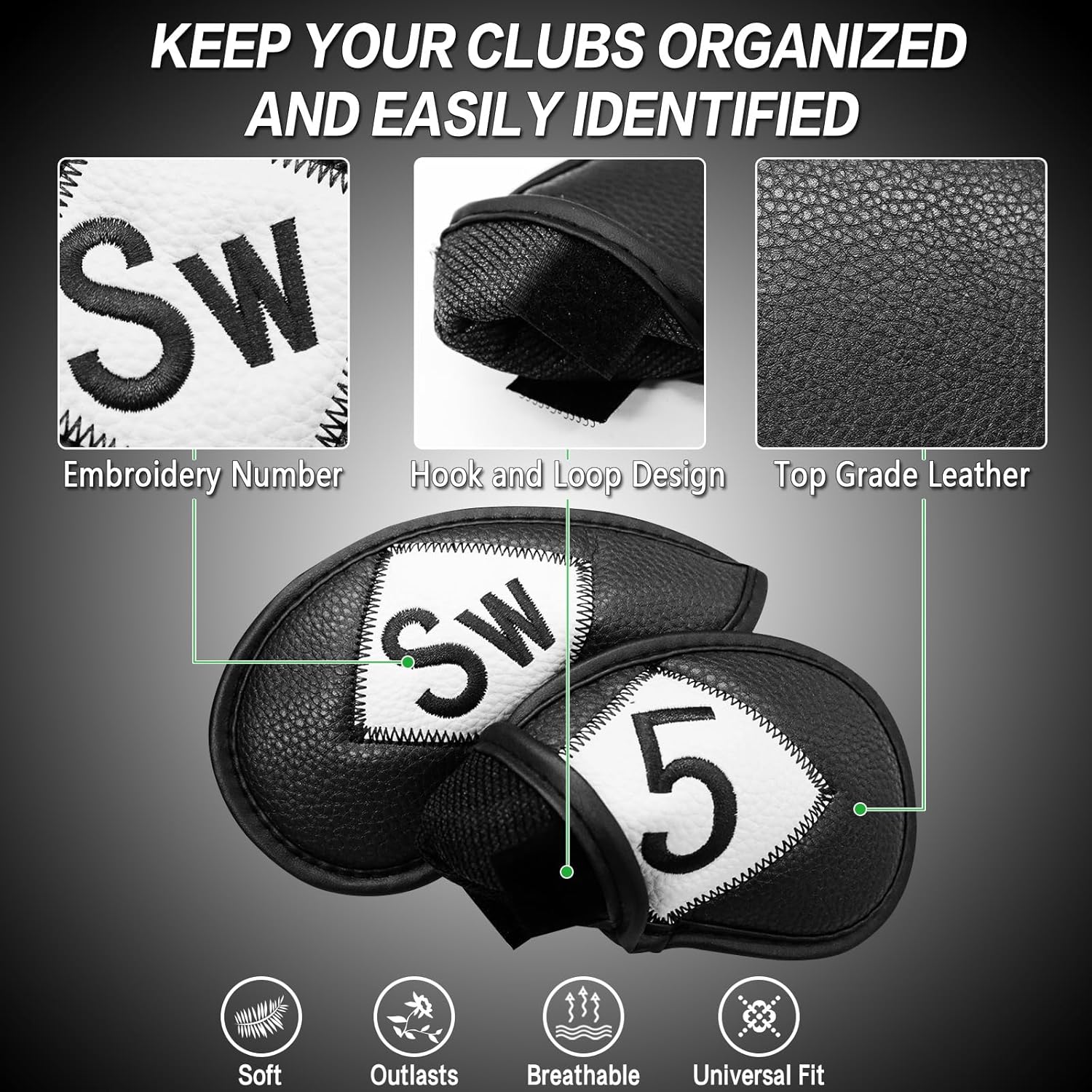 FINGER TEN Premium Synthetic Leather Stylish Iron & Wedge Golf Head Covers Value 12 Piece Set, Embroidered Labels & Fits Most Clubs Gift Set, Travel Protection Accessories