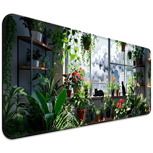 JIANG100 Japanese Anime Cute Cat XL Large Desk Mat, Extended Long Green Plant Desk Pad for Gaming and Office, Non-Slip Rubber Base, Comfortable Surface Kawaii Mouse Pad, 31.5x11.8 in (H13) - H13