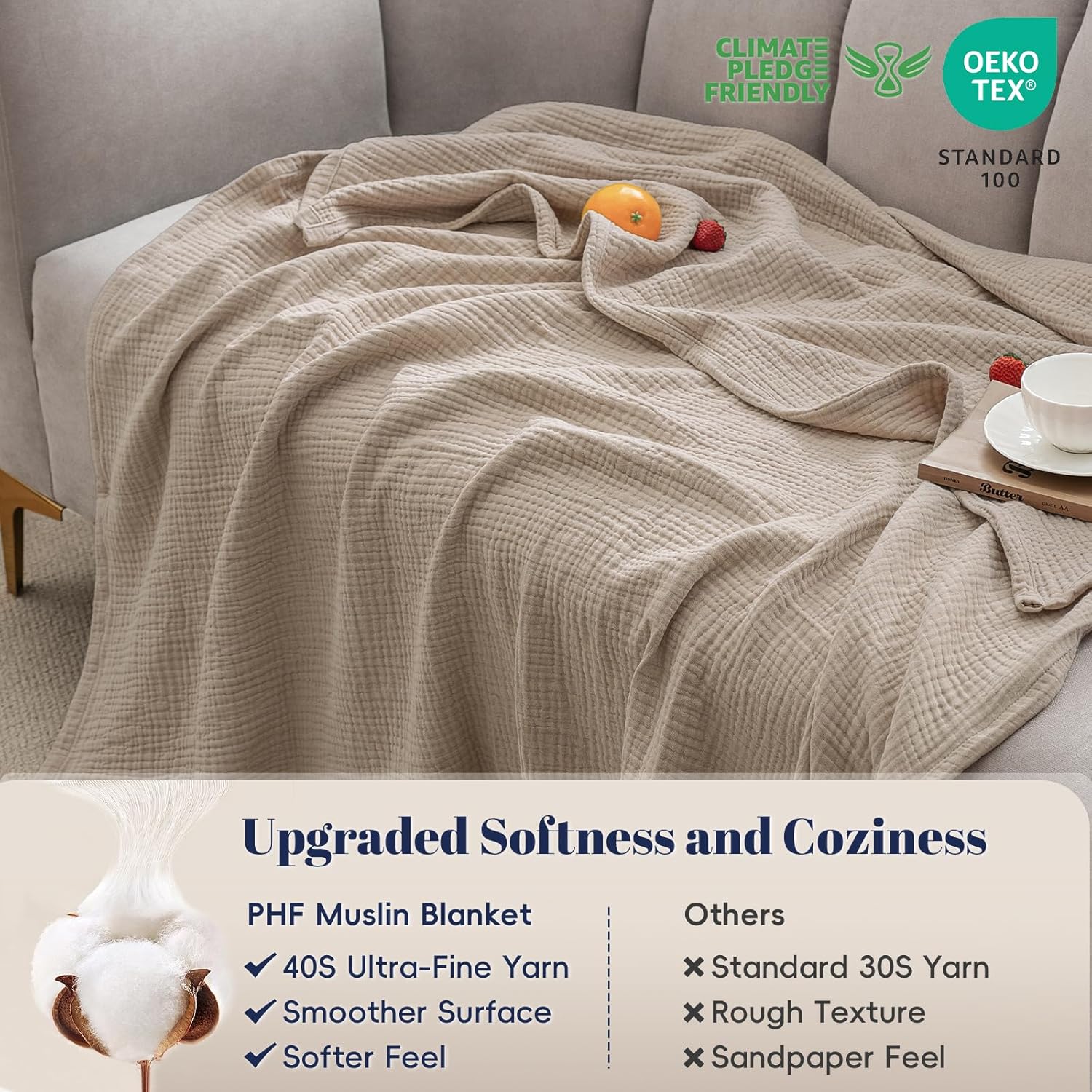 PHF 100% Cotton Muslin Blanket Twin XL Size 66"x90", 4-Layer Lightweight Gauze Throw, Breathable Cloud-Soft Minimalist Blanket for Bed, Couch, Camping & Baby, Taupe, Ideal Gift - Image 4