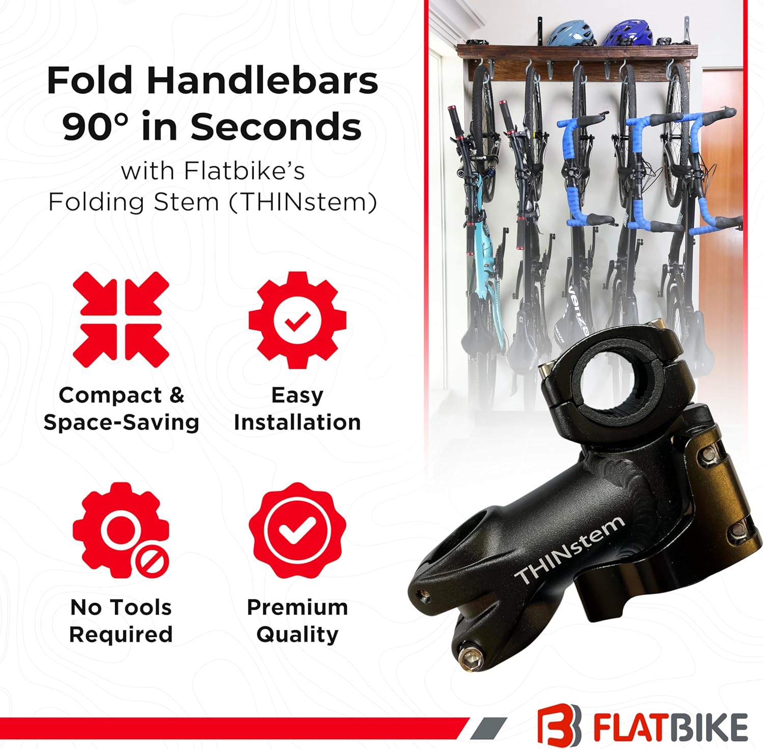 Bicycle Folding Stem - THINstem Folding Handlebar Stem for MTB & Road - Adjustable Bike Stem for Bicycle Storage & Transport - Compatible with 1"/1.25" Handlebar