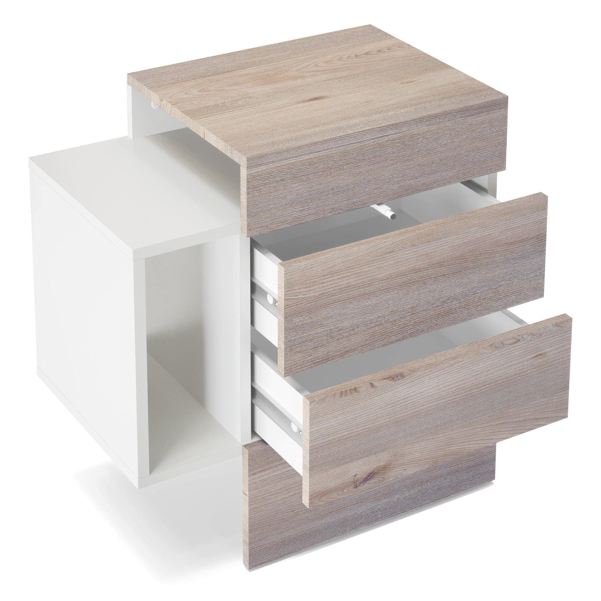 Vladon Nachttisch Queens, Made in Germany, Nachttischschrank mit 2 Schubladen und 1 seitlichem Fach zur Wandmontage, Weiß matt/Denim matt, inkl. LED Unterbaustrahler weiß (60 x 63 x 36 cm)