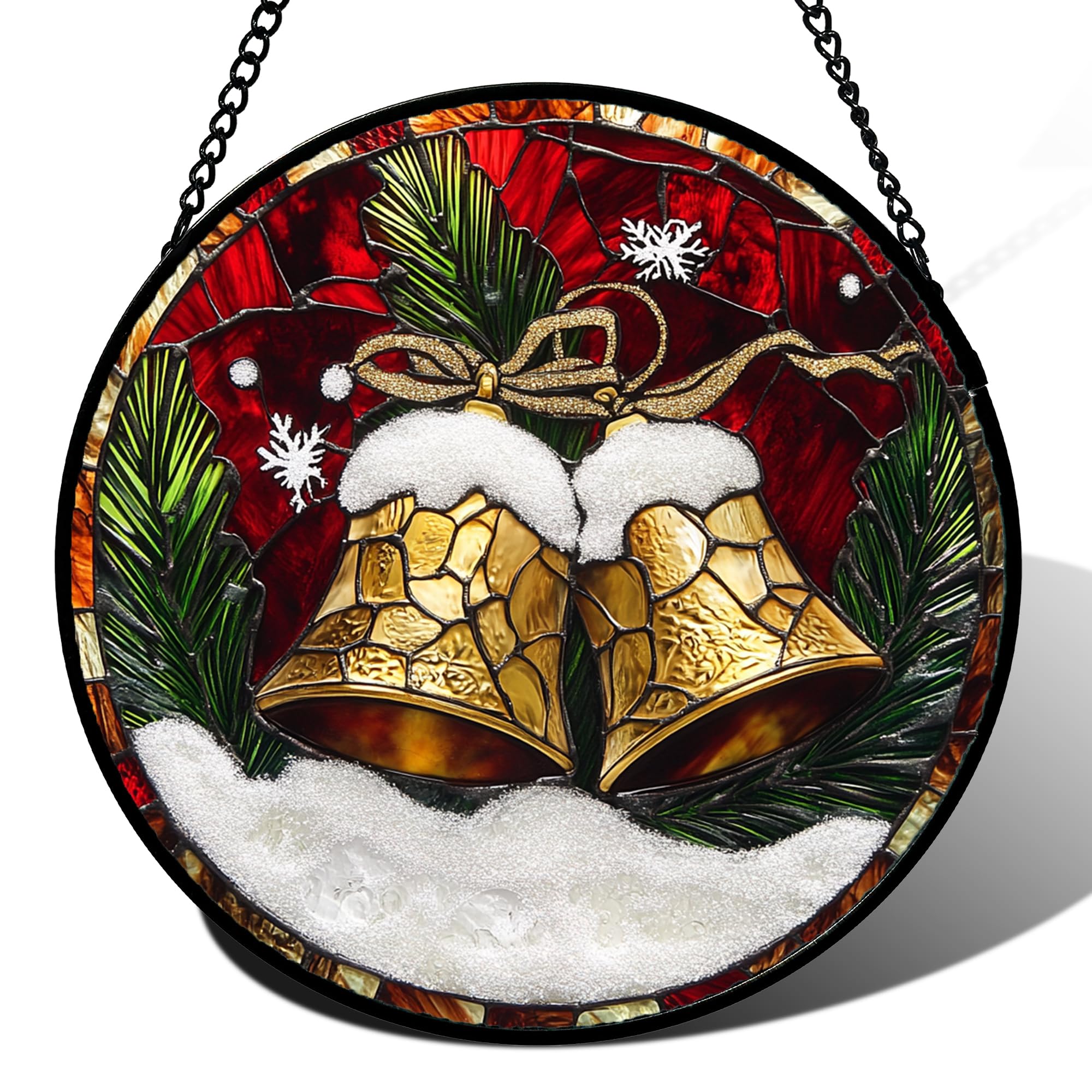 Stained Acrylic Puzzle Suncatcher,7.48in White‑Gold‑Bell Green‑Pine‑Needles Xmas Door Window Gift