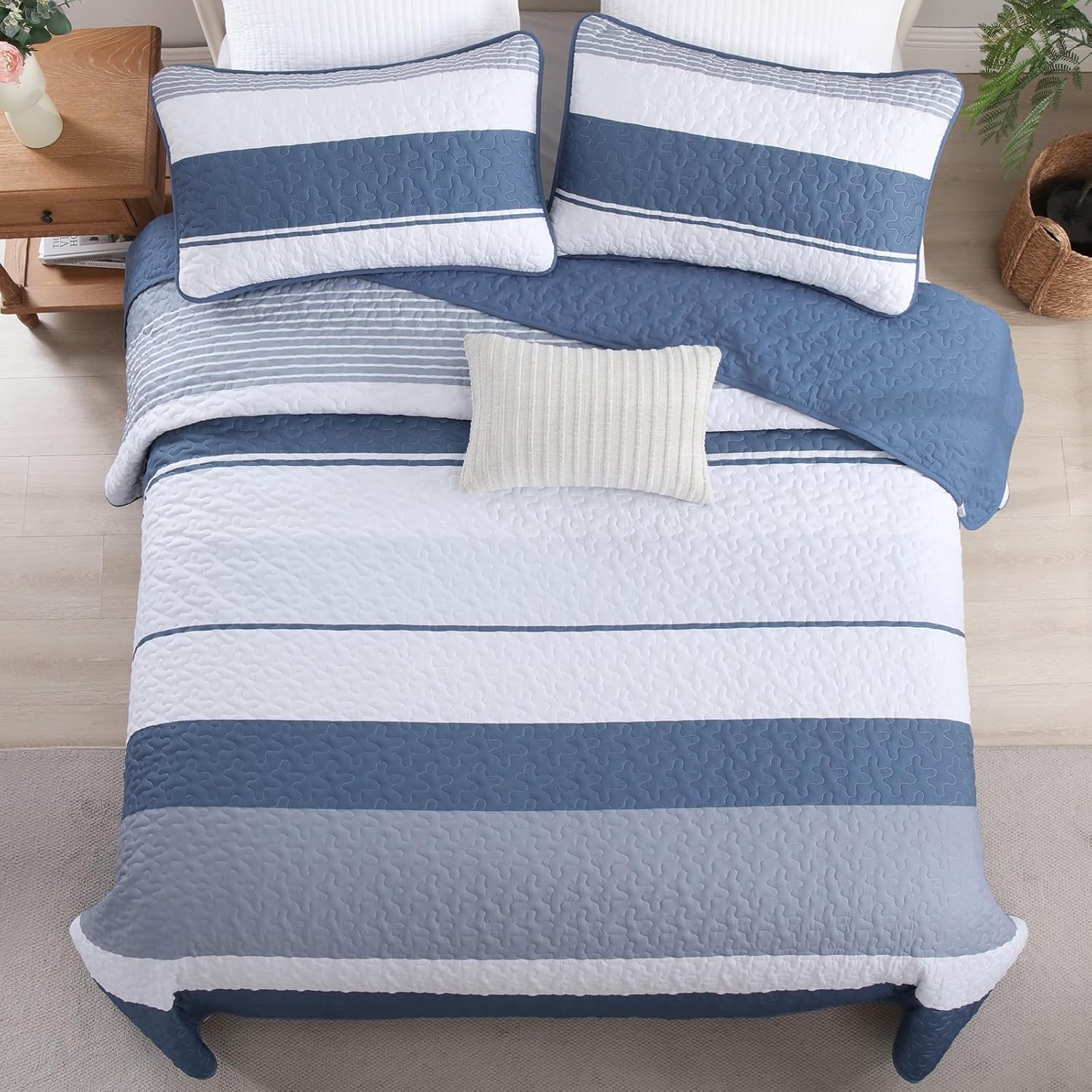 Dinjoy King Size Quilt Set Mineral Blue, 3 Pieces Boho Patchwork Striped Quilted Bedding Sets Soft Lightweight Bedspreads & Coverlets Set, for All Seasons 110"x90" - Image 4