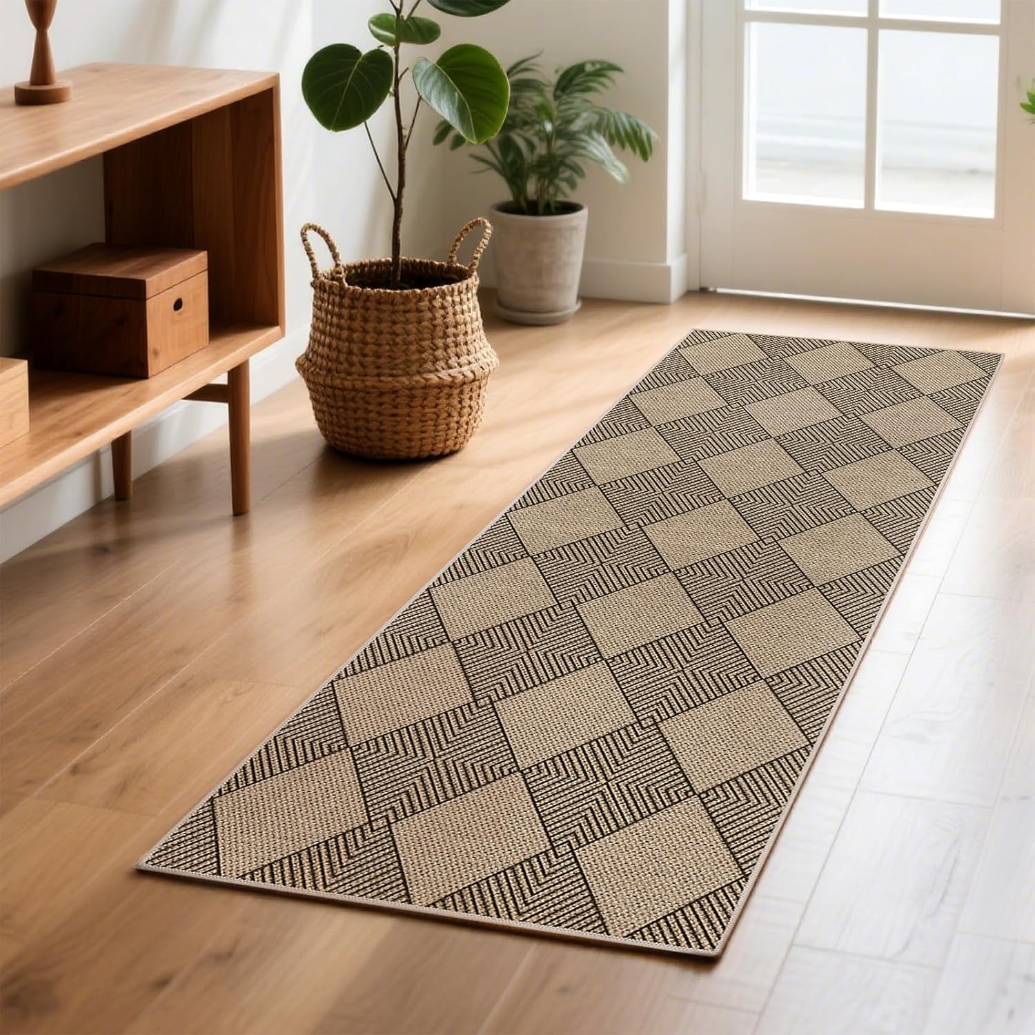 SHACOS Easy Jute 2x6 ft Washable Runner Rug Non Slip Low Pile Woven Texture Geometric Diamond Farmhouse Rug for Entryway Hallway Patio Kitchen Porch Indoor Outdoor, Brown Checkered - Image 9