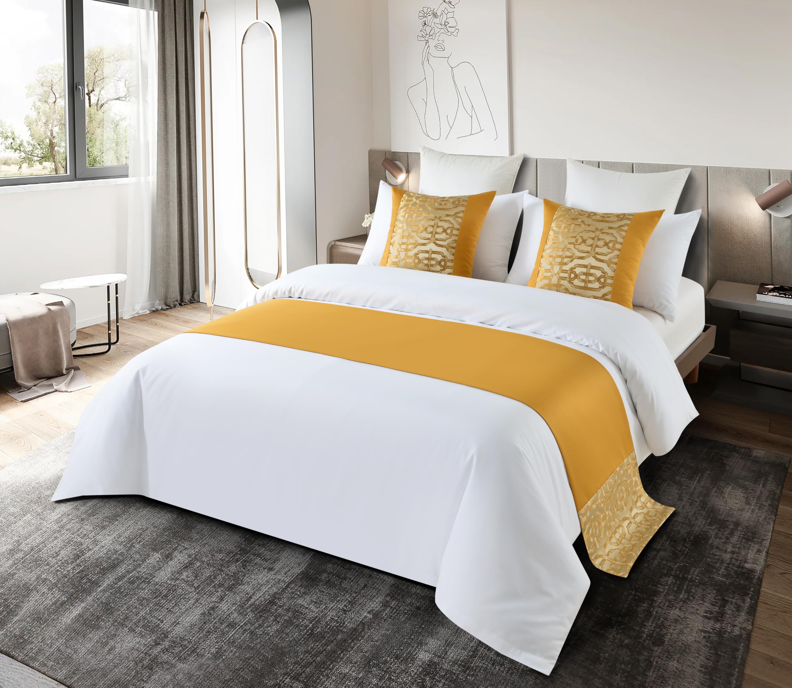 Eseriallen Golden Pattern Luxury Hotel Grade Bed Runner 2 Pillowcases(50X50cm) Elegant Comfortable Fabric With Matching Cushions Wrinkle-Free And Premium Finish