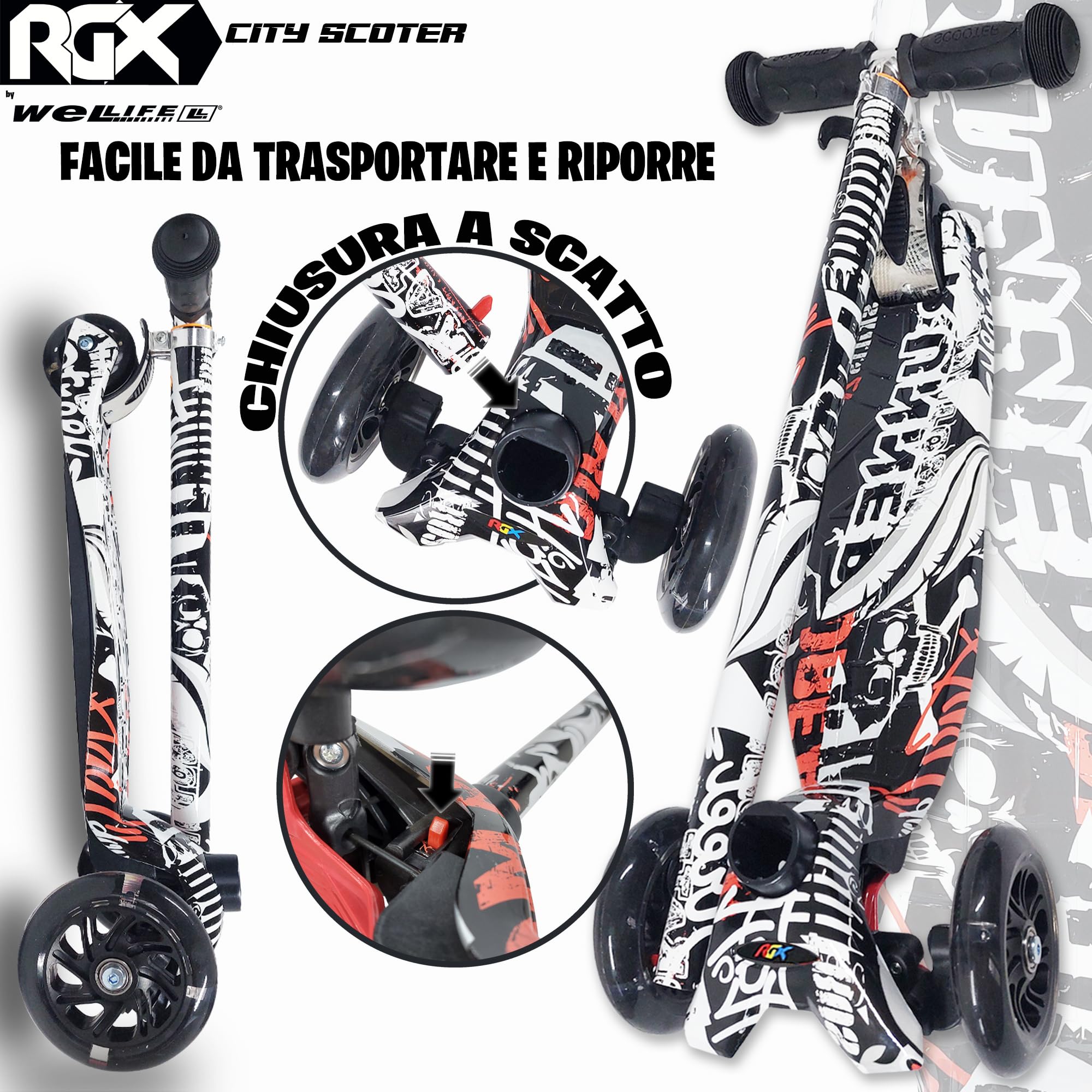 WeLLIFE |Scooter RGX| Monopattino per Bambini da 3 a 12 Anni| Monopattino Bambino 3 Ruote Luminose a LED| Monopattino Bambina con Impugnatura Regolabile in Altezza|