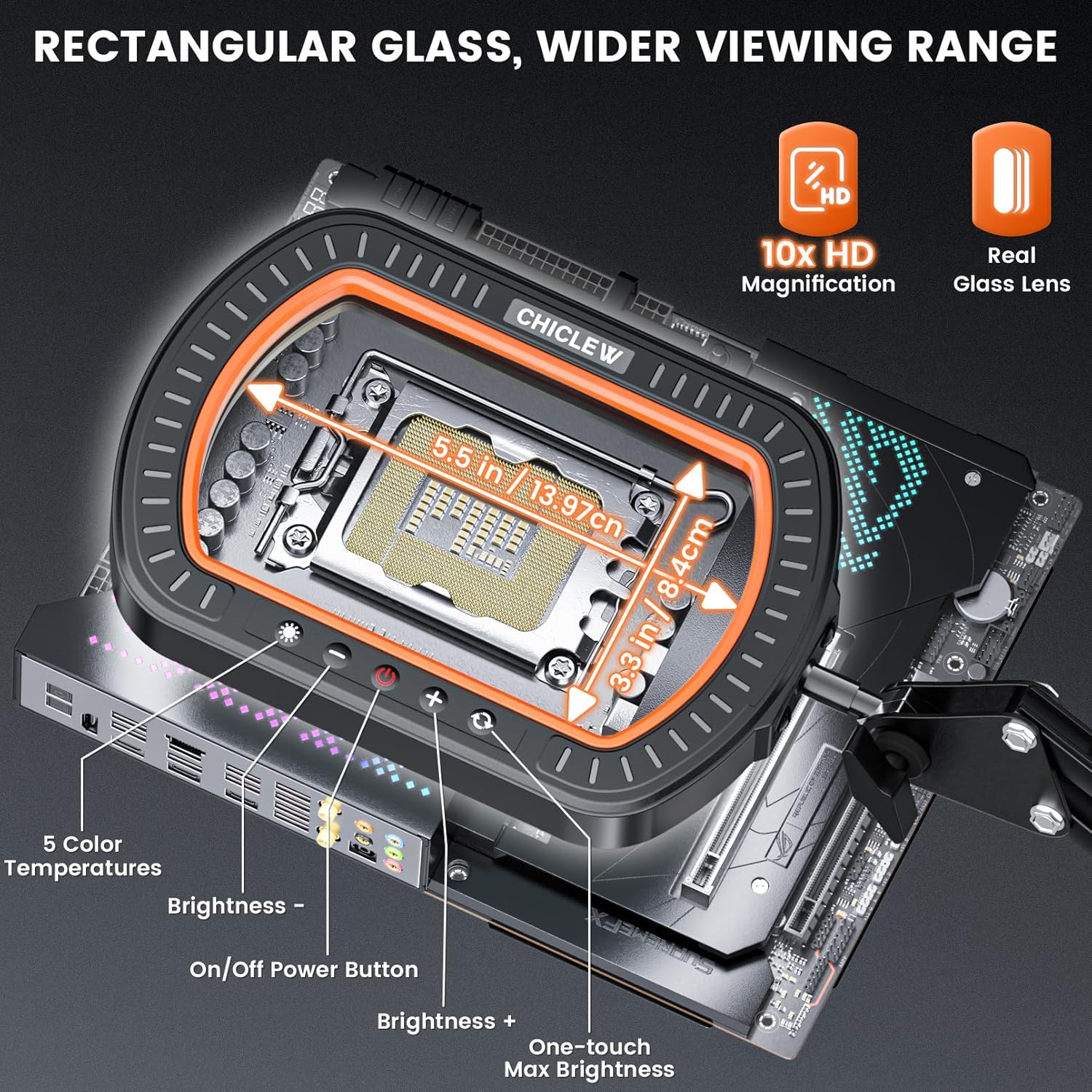 10X Rectangle Magnifying Glass with Light, 3 Arms 5 Color Modes Large Magnifying Glasses with Clamp, Lighted Desk Lamp Magnifier Hands Free for Crafts Jeweller Repair Painting Close Work Hobbies
