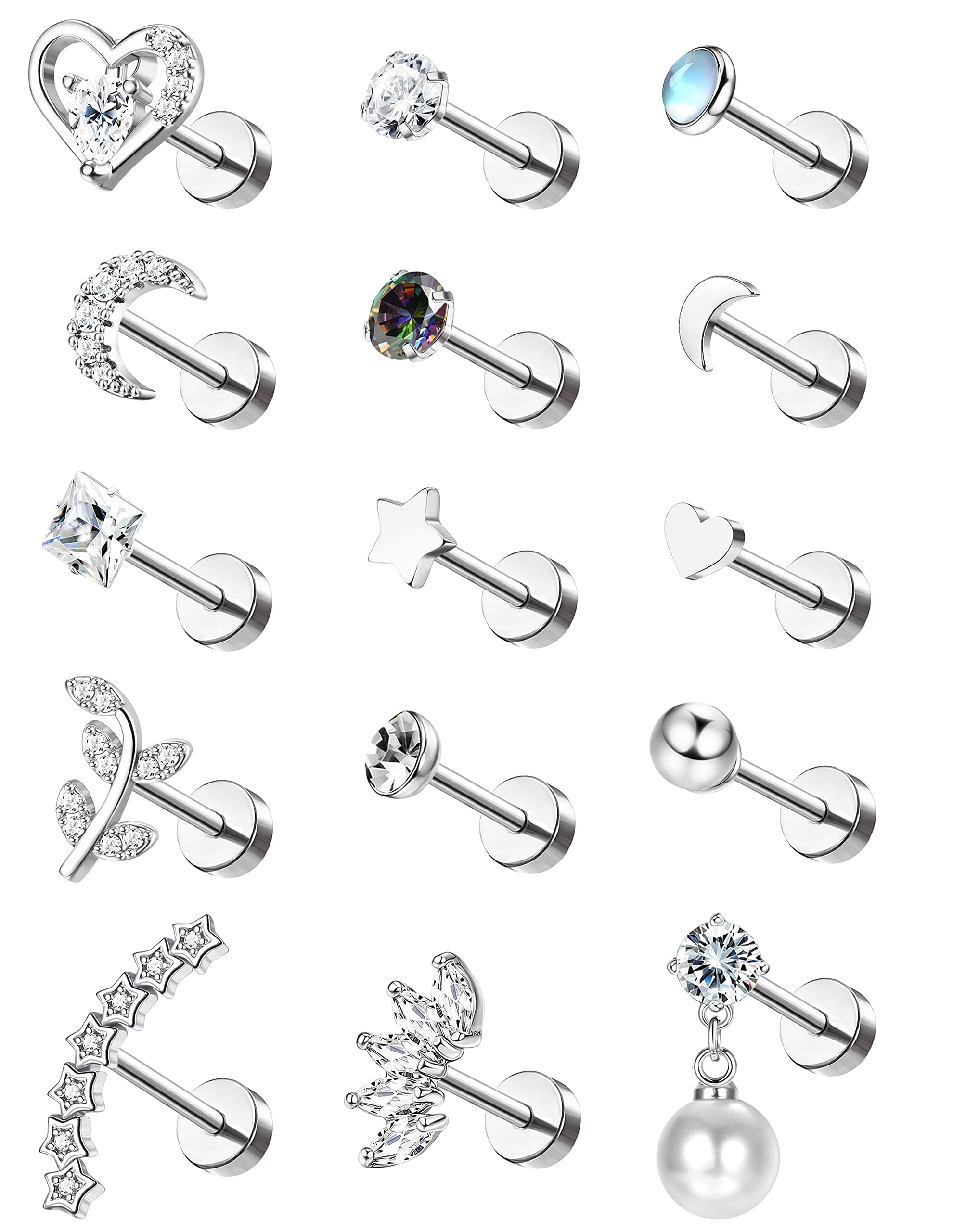 MILACOLATO16G Piercing Oreja Cartílago Para Mujer Acero Quirurgico Pequeño Ópalo Estrella Perla Tragus Pendientes Plata, CZ Flor Labret Labio Lóbulo Nariz Helix Oreja Piercing Joyas 15Piezas