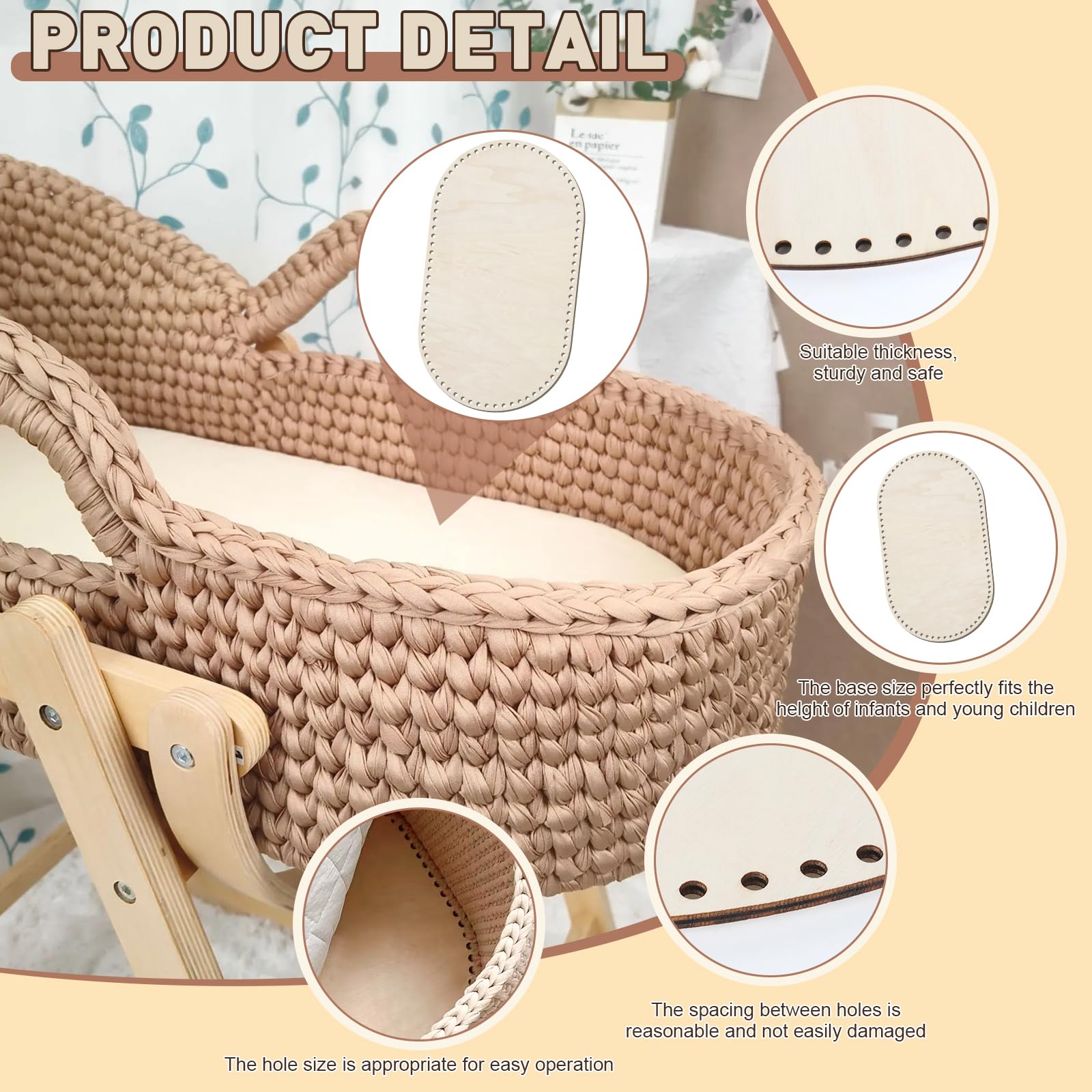 Pavimento in vimini per uncinetto, pavimento in legno per cestino all'uncinetto, vimini in legno naturale, decorazione per la casa, fai da te (80 x 45 cm, 12 mm)