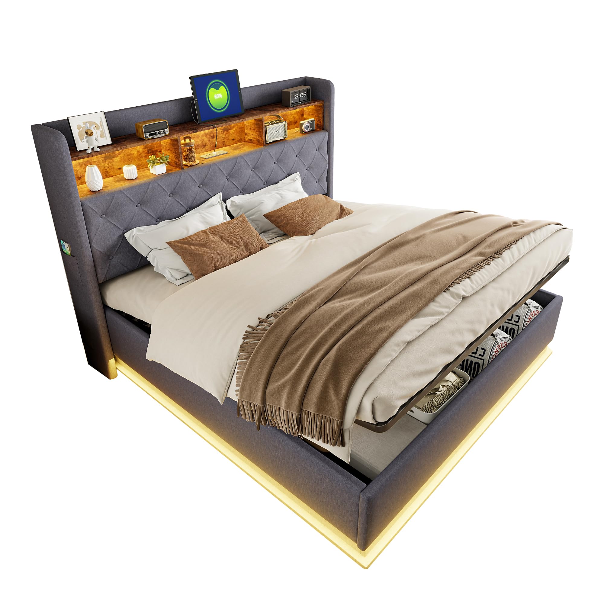 Kebnor - Letto imbottito con LED, letto imbottito con spazio di archiviazione e presa USB e spazio di archiviazione idraulico, tessuto di lino amichevole per la pelle (grigio, 180 x 200 cm)