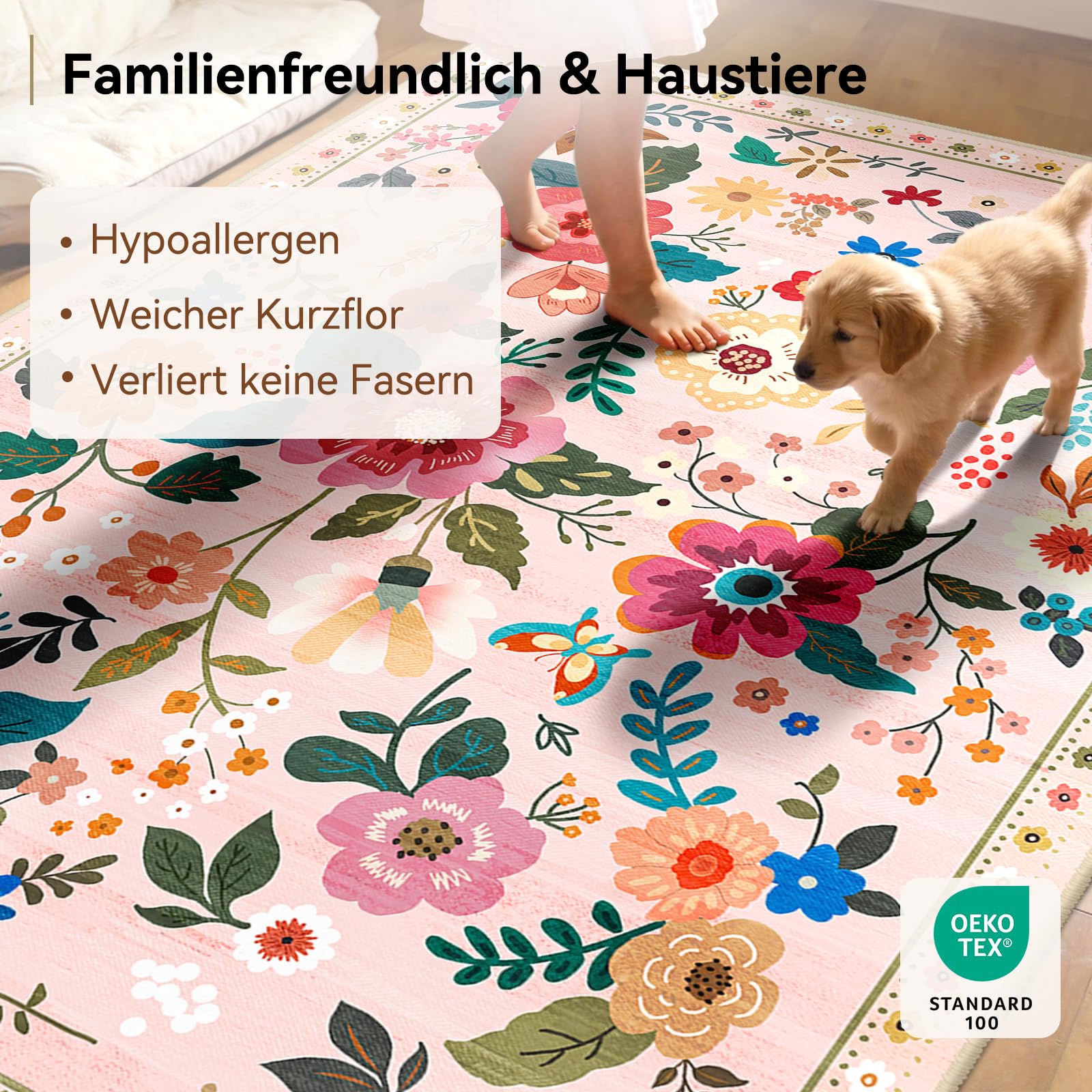 Teppich Wohnzimmer 120x180cm Rosa/Beige, Blumen Waschbare Teppiche | Boho Vintage Blumenmuster Wohnzimmerteppich, Waschbarer & Rutschfester Kurzflor Weich für Wohnzimmer, Schlafzimmer, Esszimmer
