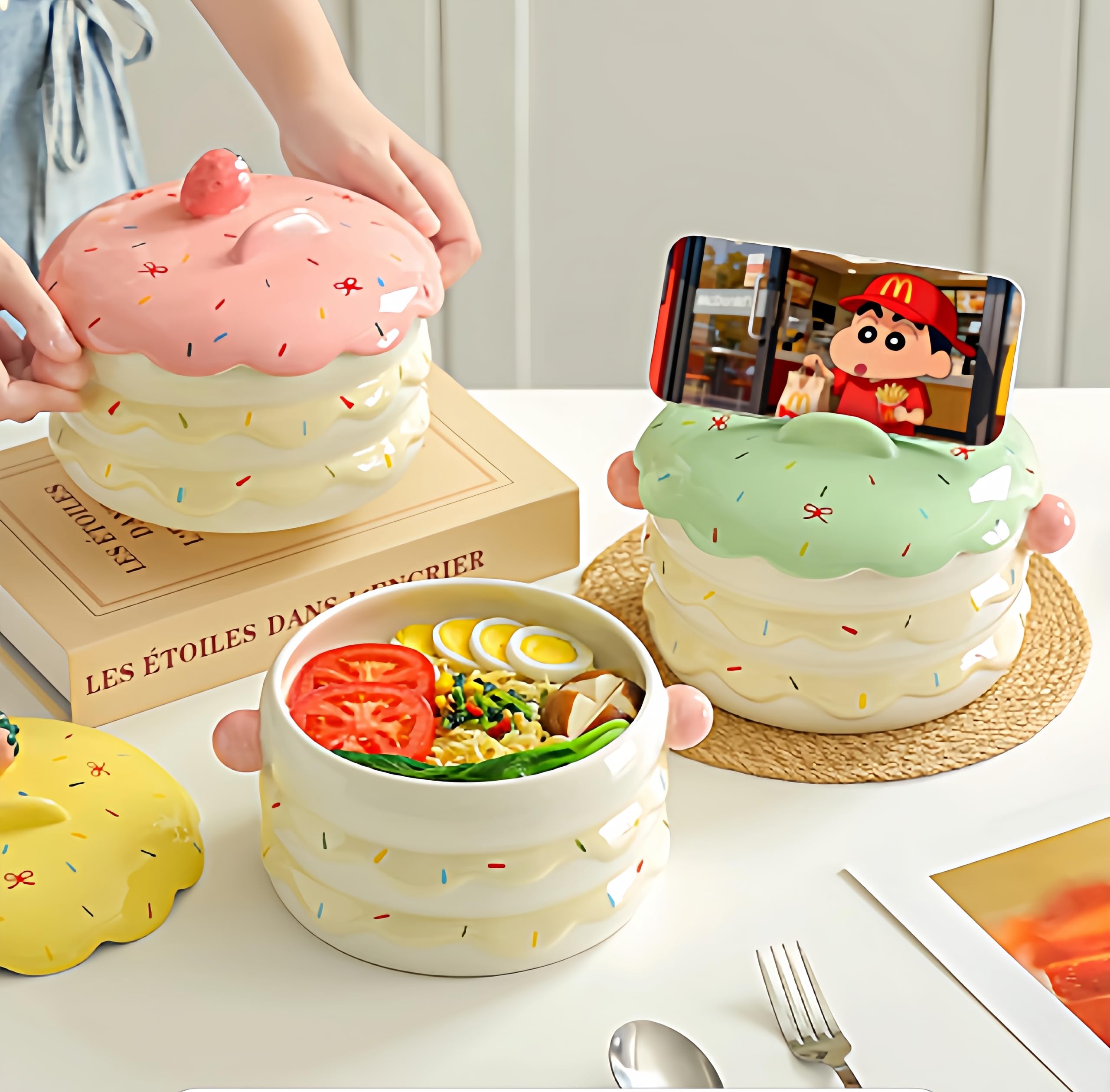Urocza ceramiczna miska ramen z pokrywką, 590 ml, zabawny pojemnik na żywność na zupę, sałatkę, przekąski, świetny prezent dla miłośników jedzenia (1)