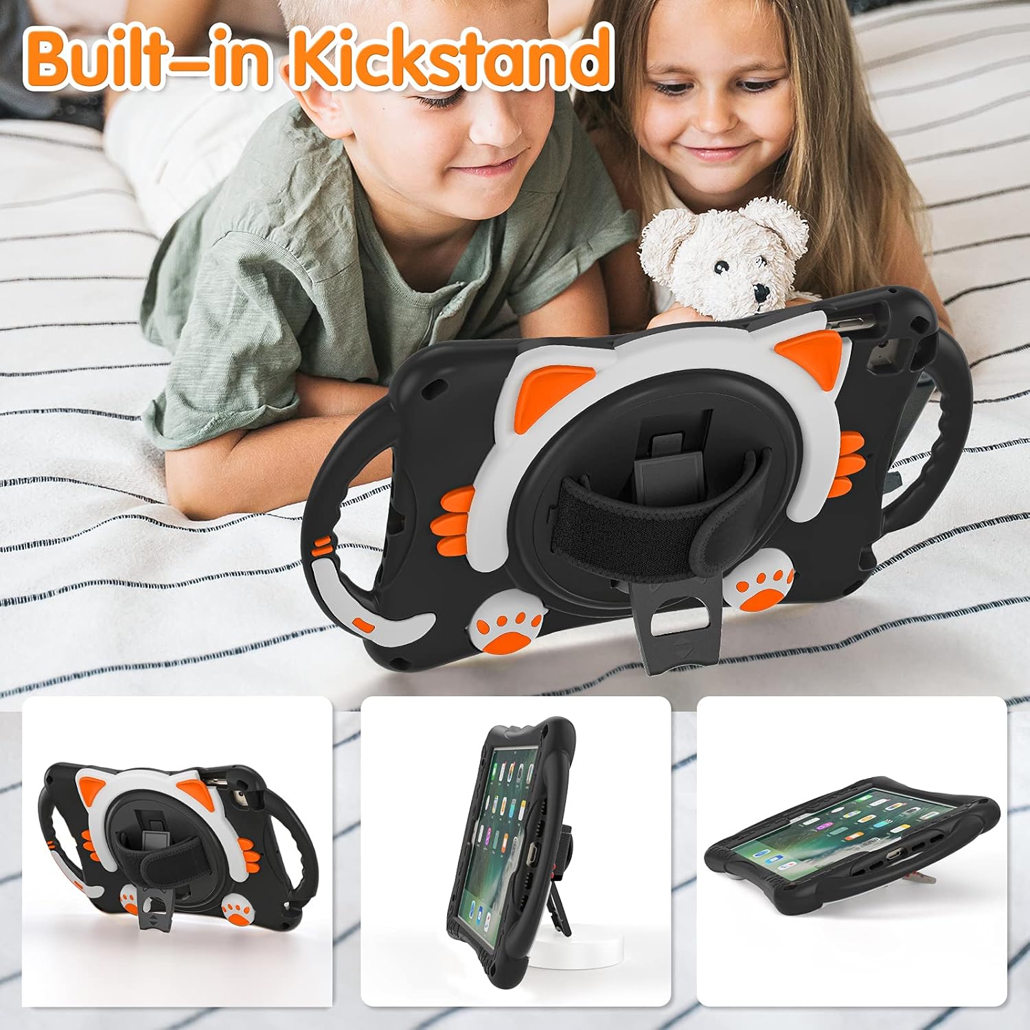 Shockproof Kids Case for iPad Mini 5/4/3/2/1,Cute Cat Dropproof Protective Cover for iPad Mini 5 2019/ Mini 4, Mini 1 2 3 W 360° Rotating Kickstand+Handle+Shoulder Strap