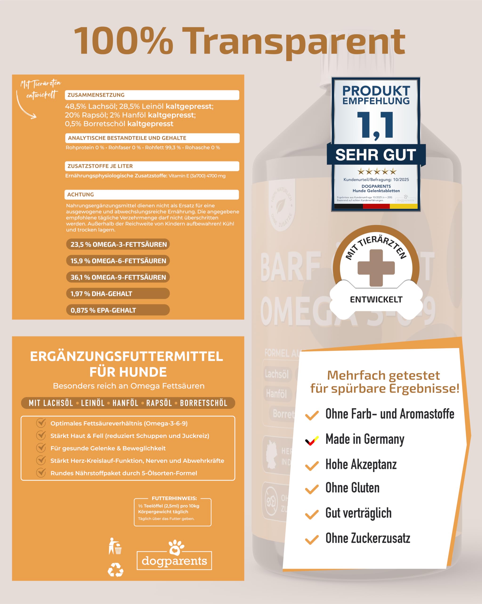 Huile 5 en 1 pour chien - Fabriqué en Allemagne - 100 % naturelle et testée en laboratoire - Complexe Omega 3-6-9 avec huile de saumon de qualité supérieure, huile de lin, huile de colza et huile de