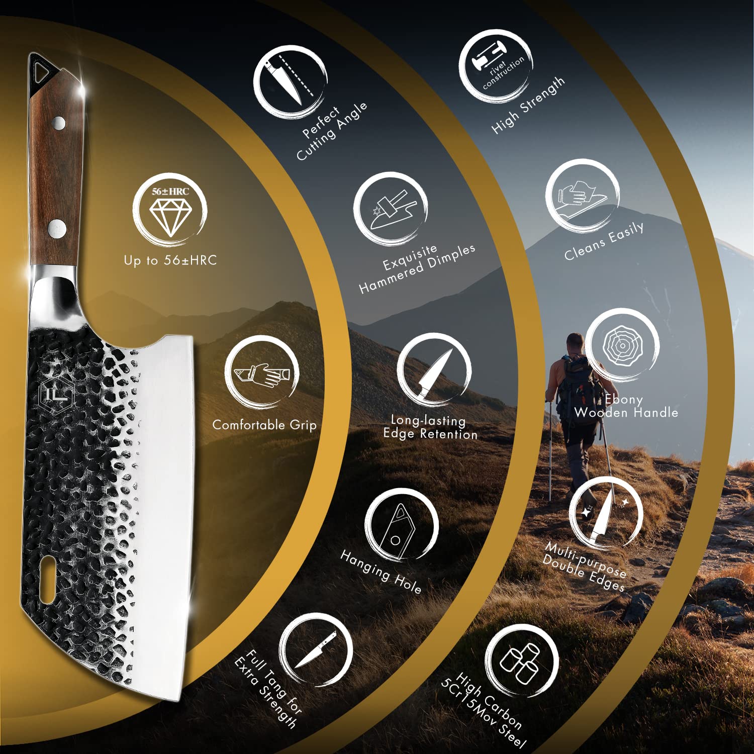 FANTECK Coltello da Cucina Cinese 20cm, Coltello da Macellaio Professionale Fatto a Mano, Coltelli da Cuoco Cinese Mannaia Full Tang da Campeggio All'aperto con Fodero in Pelle