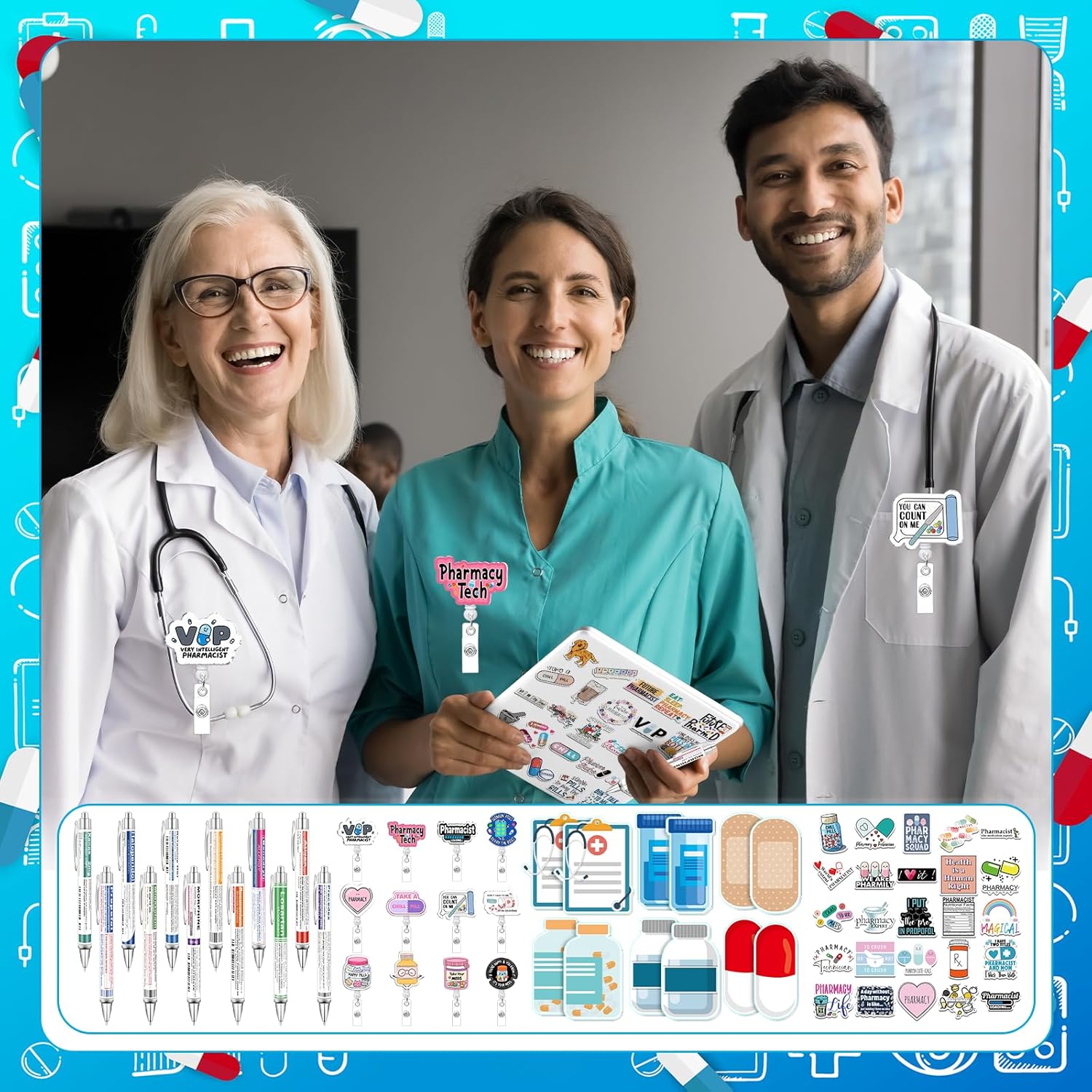 86 Pcs Pharmacy Technician Gift Include Pharmacy Pens Pharmacist Sticky Notes Badge Reels Stickers for Pharmacist Gifts Set Doctor Nurses Week Medical Assistant Technician Clinic Supplies