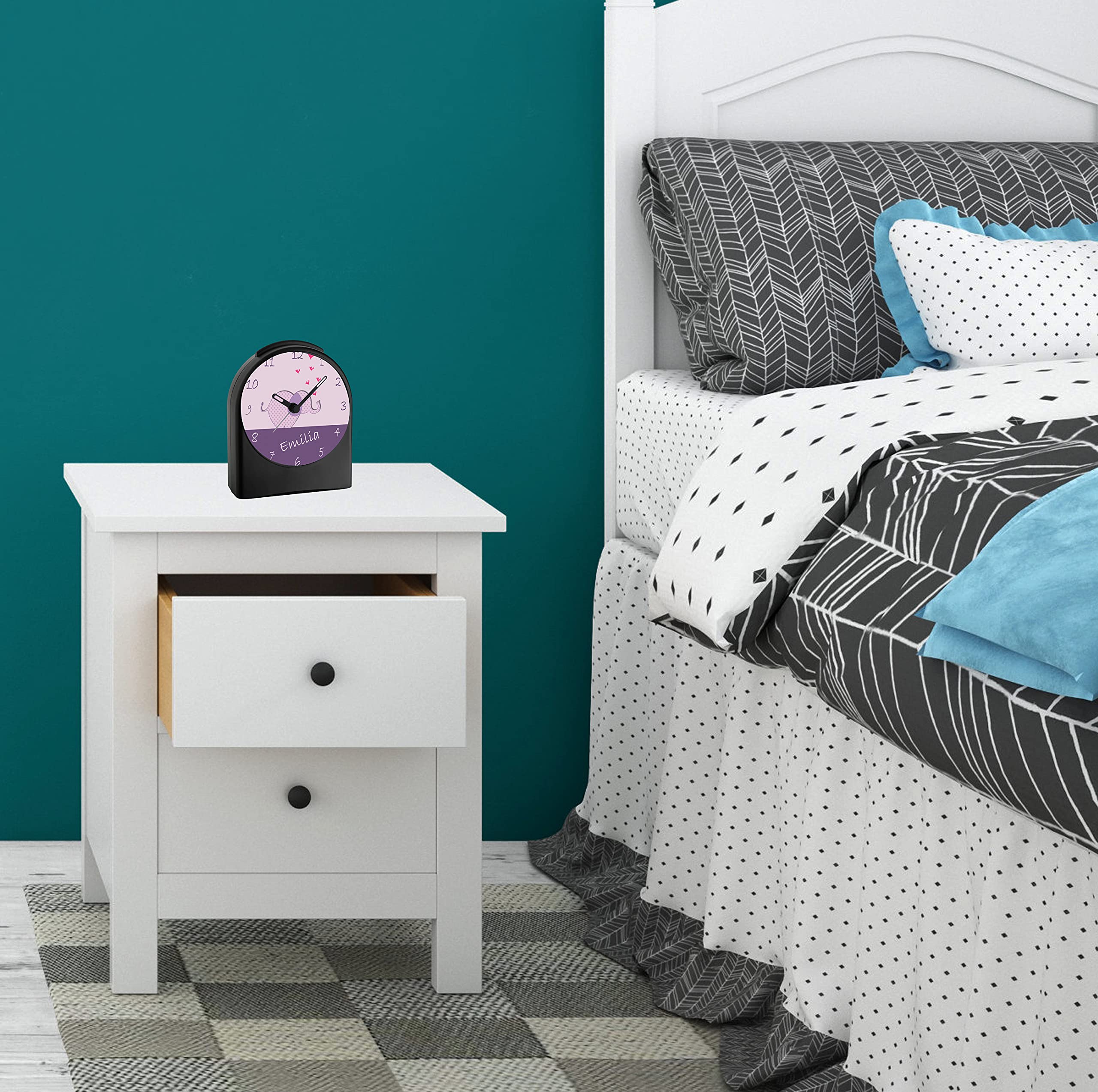 WU-50-1065-05, Elefant Farbe Lila, analog Kinderwecker schwarz, Funkwecker ohne Ticken, mit Licht, personalisiert mit Namen, 9,6 x 5,5 x 11,9 cm, 104 g