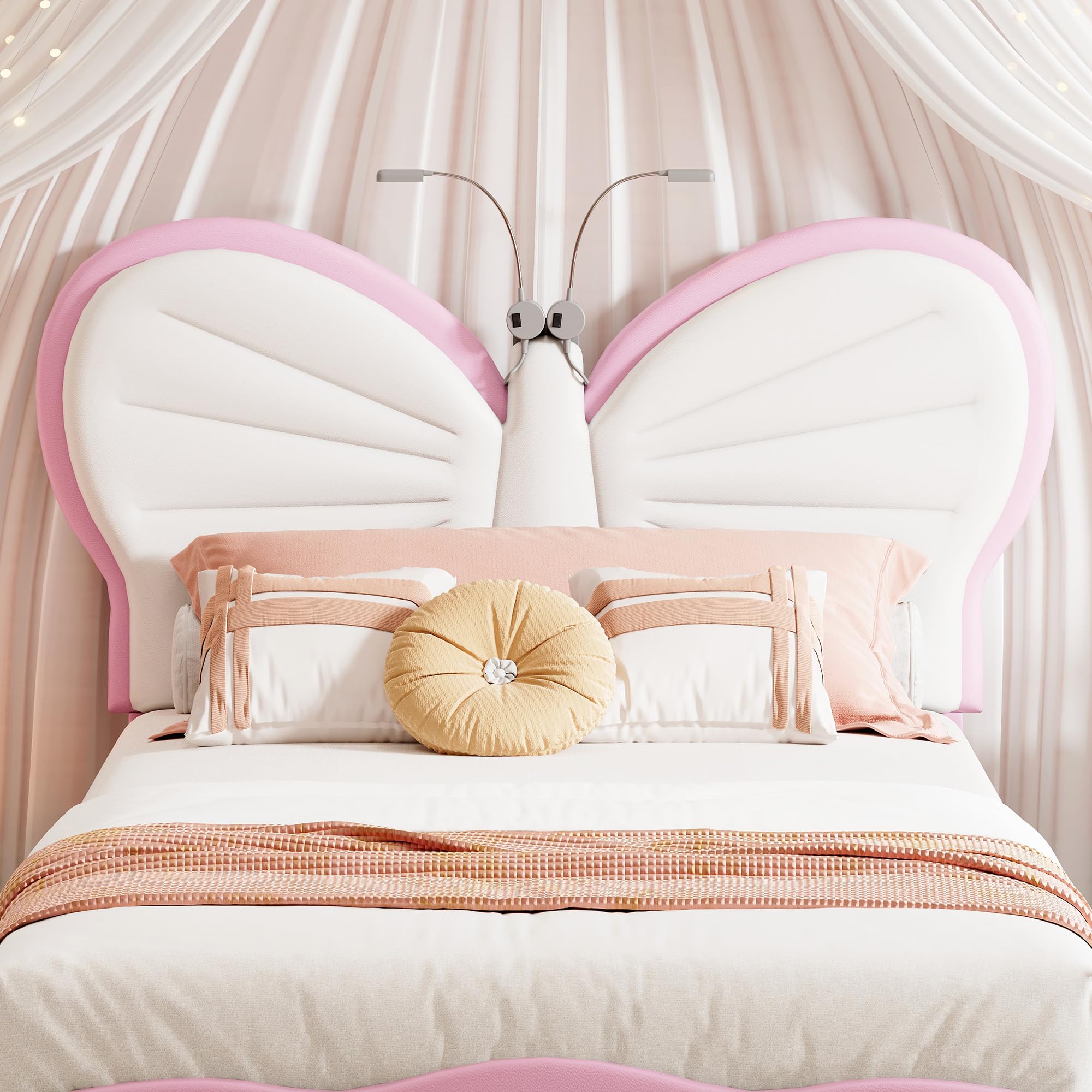 Lit Enfant Rembourré 90x200cm,Tête de Lit avec Lampe de Lecture LED,Cadre de lit pour Enfants avec Sommier à Lattes,Design Extérieur Papillon,Velours, Blanc Rose