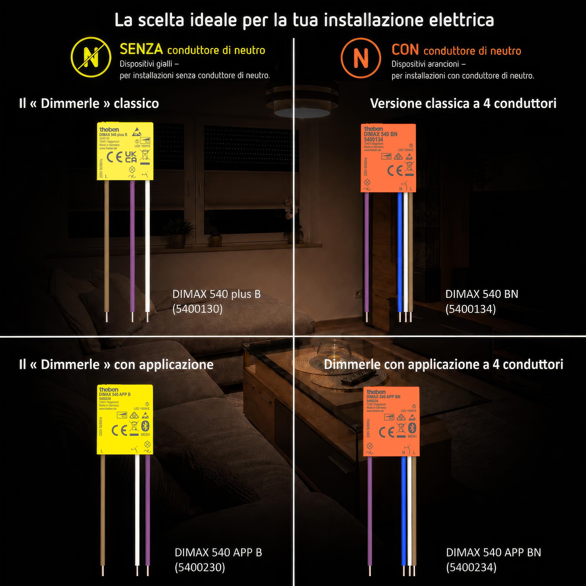Theben 5400134 DIMAX 540 BN Mini dimmer universale da incasso | versione con 4 conduttori, 32,7 x 26,6 x 9,6 mm, lunghezza cavo fino a 100 m, funzione memoria