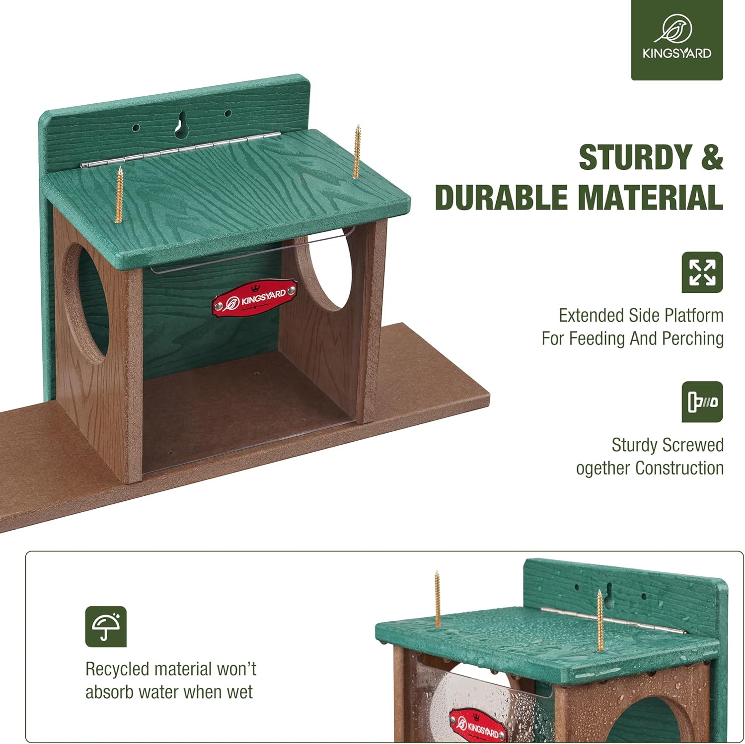 Kingsyard Squirrel Feeder Box for Outside, Recycled Plastic Squirrel Feeder Box with Corn Cob Holders, Easy to Refill & Clean, Weather-Proof Roof (Green)
