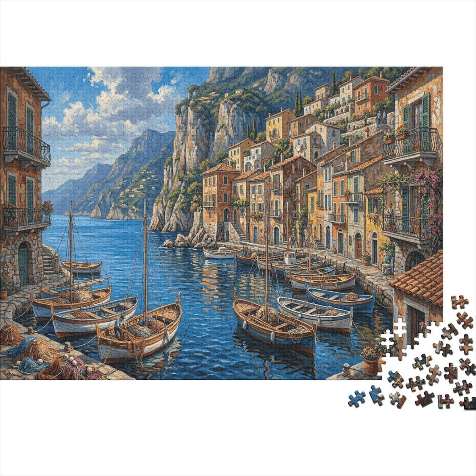 Italian Coastal Town Classic 1000 Pc Rigid Cardboard Jigsaw Amalfi Harbor Seniors Brain Training Rainy Day Fun Must-Have for Puzzlers 70x50cm/1000pcs