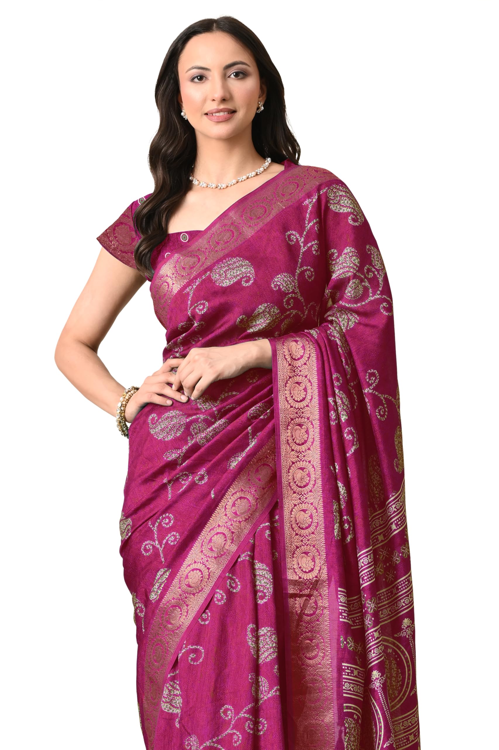 mirchi fashion Women's Cotton Silk Blend Leaf Printed Saree with Blouse Piece-picture-46