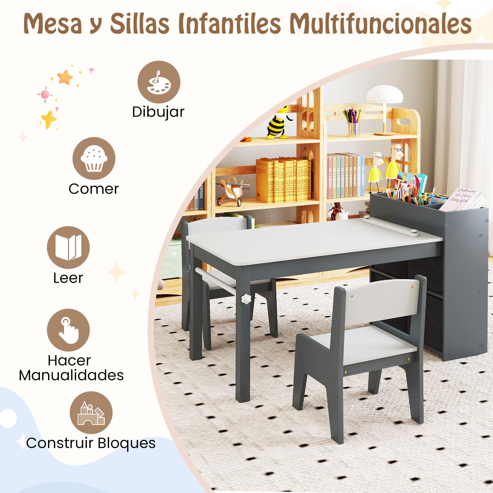 COSTWAY Juego de Mesa y Sillas para Niños, Escritorio de Dibujo con 2 Sillas, Rollos de Papel y Soporte para Papel, Compartimentos y Estantes Abiertos,4 Cestas,Mesa de Actividades para Niños (Gris)