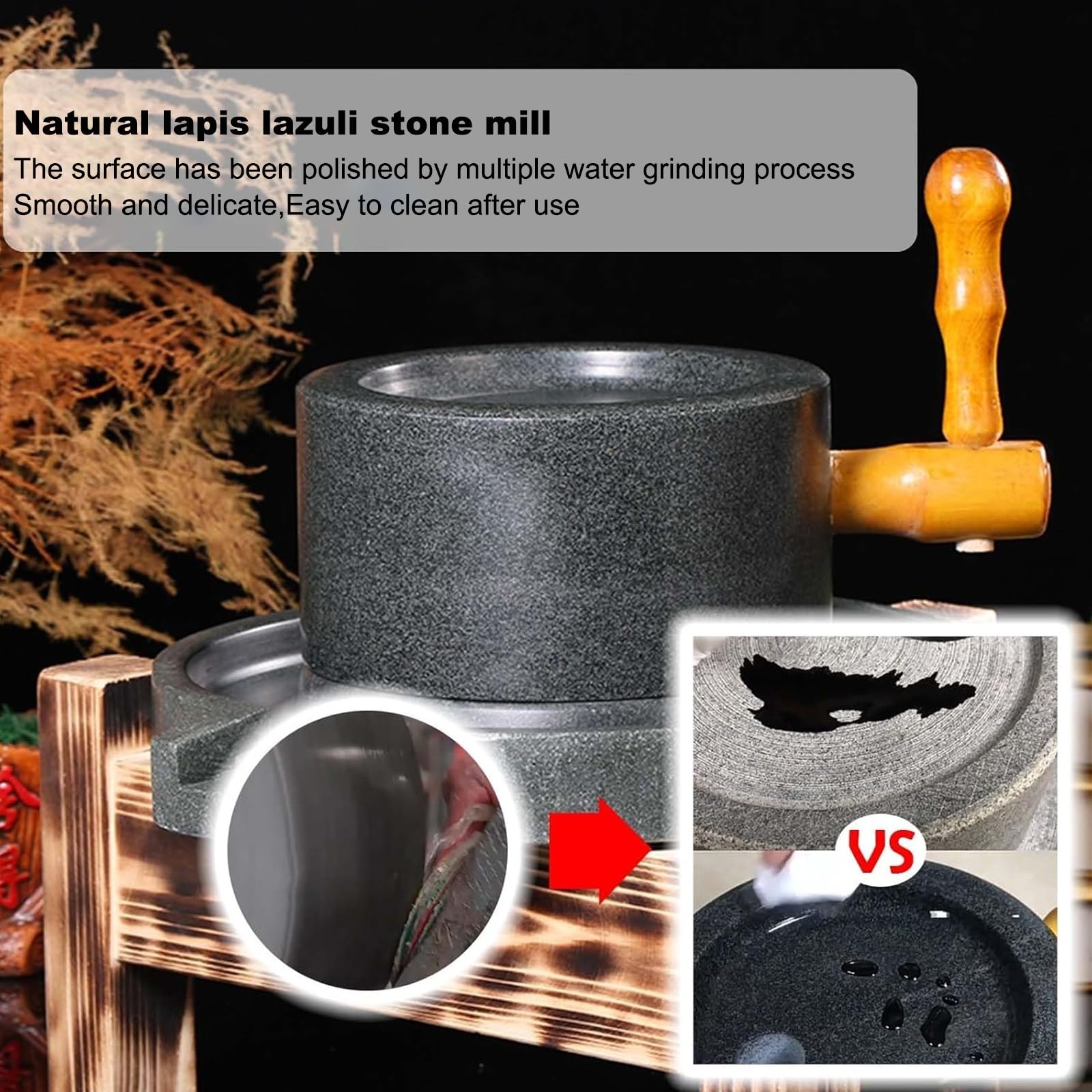 Młynek do ziarna, ręcznie korbowany naturalny kamień granitowy z drewnianą ramą, trzonek ze stali nierdzewnej, idealny do mielenia mąki pszennej, przypraw i chilli