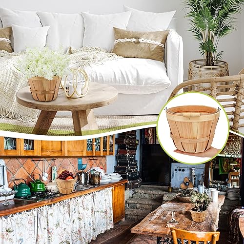 Miniatura 6 de Tatuo 2 cestas redondas de madera de manzana con asa de madera y fresa, cestas de servicio de alimentos, cesta de cosecha de otoño, cesta de Pascua