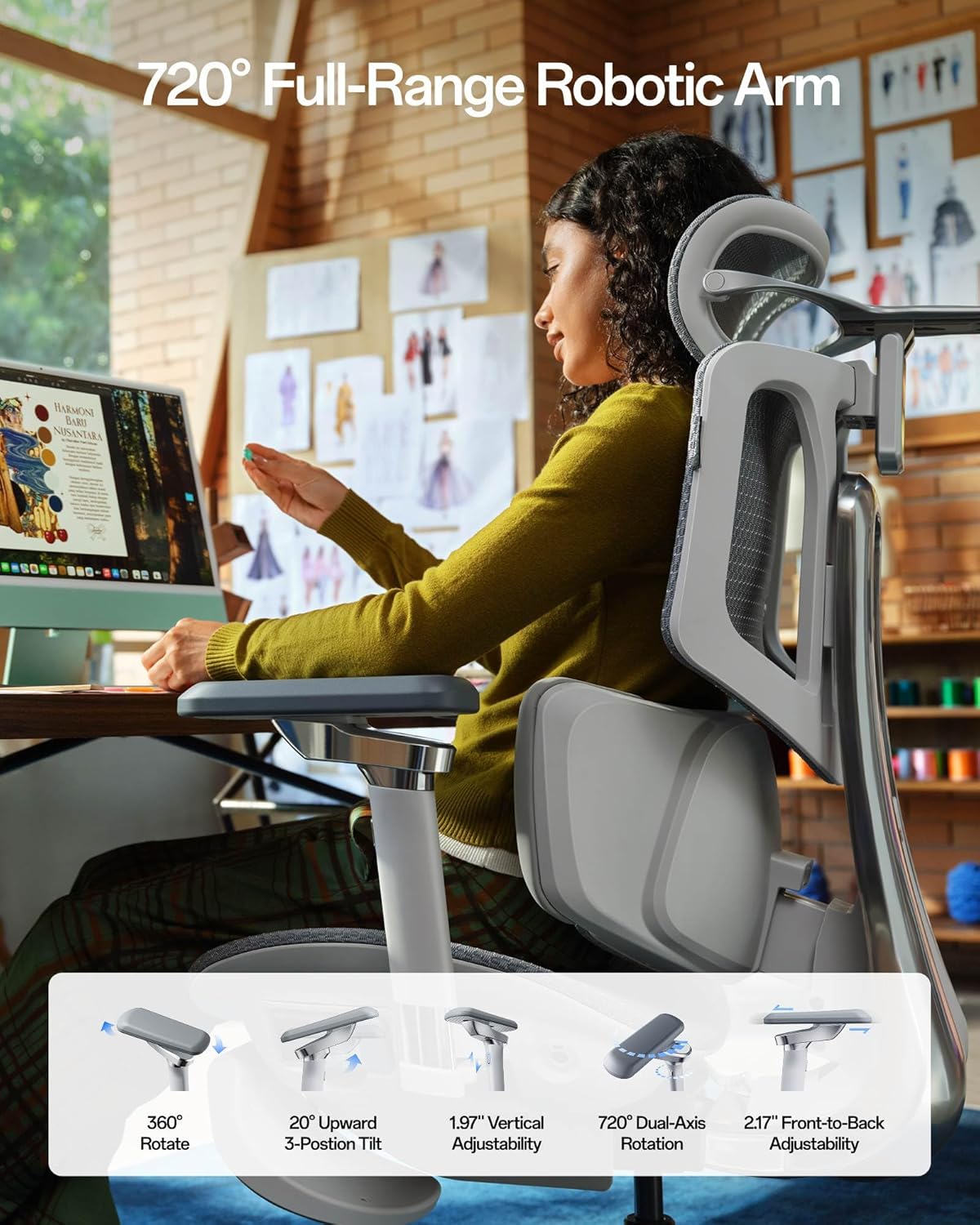 Hbada X7 Smart Ergonomic Chair, Office Chairs, Fully Automated Lumbar Tracking, 4D Adjustable Headrest, 720° Adjustable Armrests, Ventilated Seat Cushion, Swivel, Grey