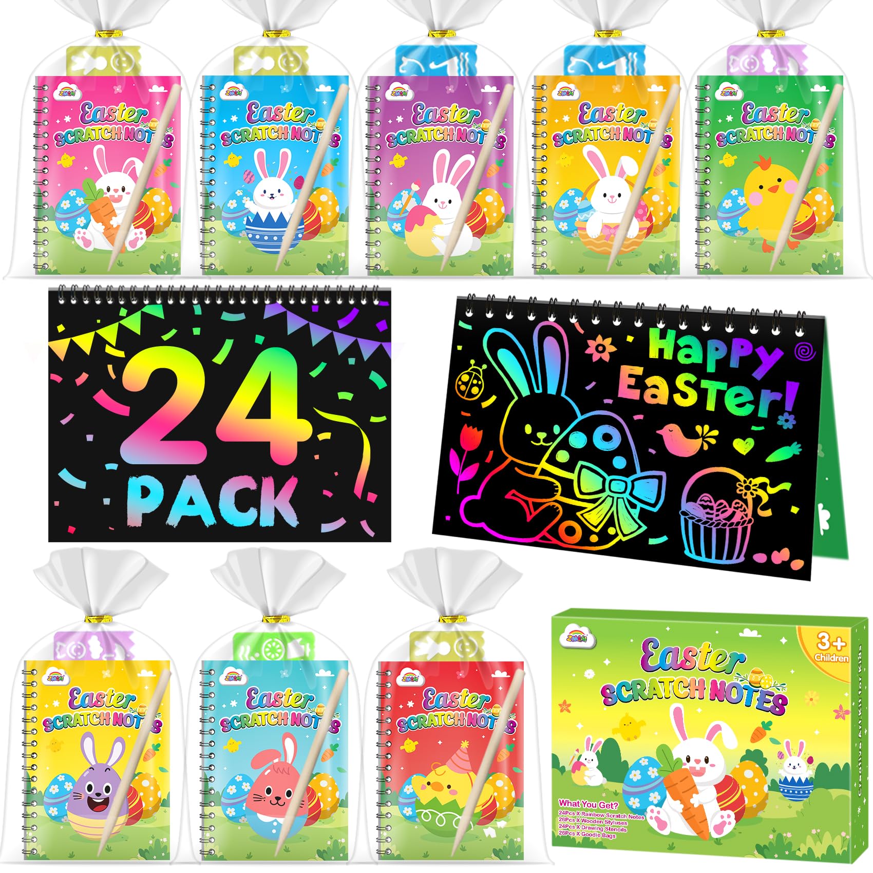 ZMLM Kratzbilder Für Kinder, Magic Regenbogen Scratch Book mit Holzstifte und Malschablonen zum Zeichnen und Basteln, Mitbringsel Kindergeburtstag, Einschulung von 3 bis 12 Jahren (24PCS Ostern)
