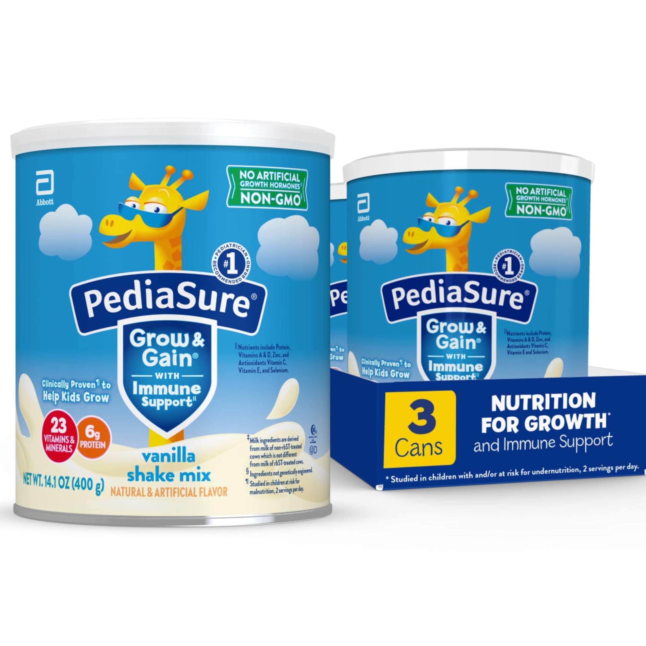 Grow & Gain with Immune Support Shake Mix Powder, 23 Vitamins & Minerals, 6g Protein, Non-GMO, Gluten-Free, Vanilla, 14.1 oz Can, Pack of 3-24 servings