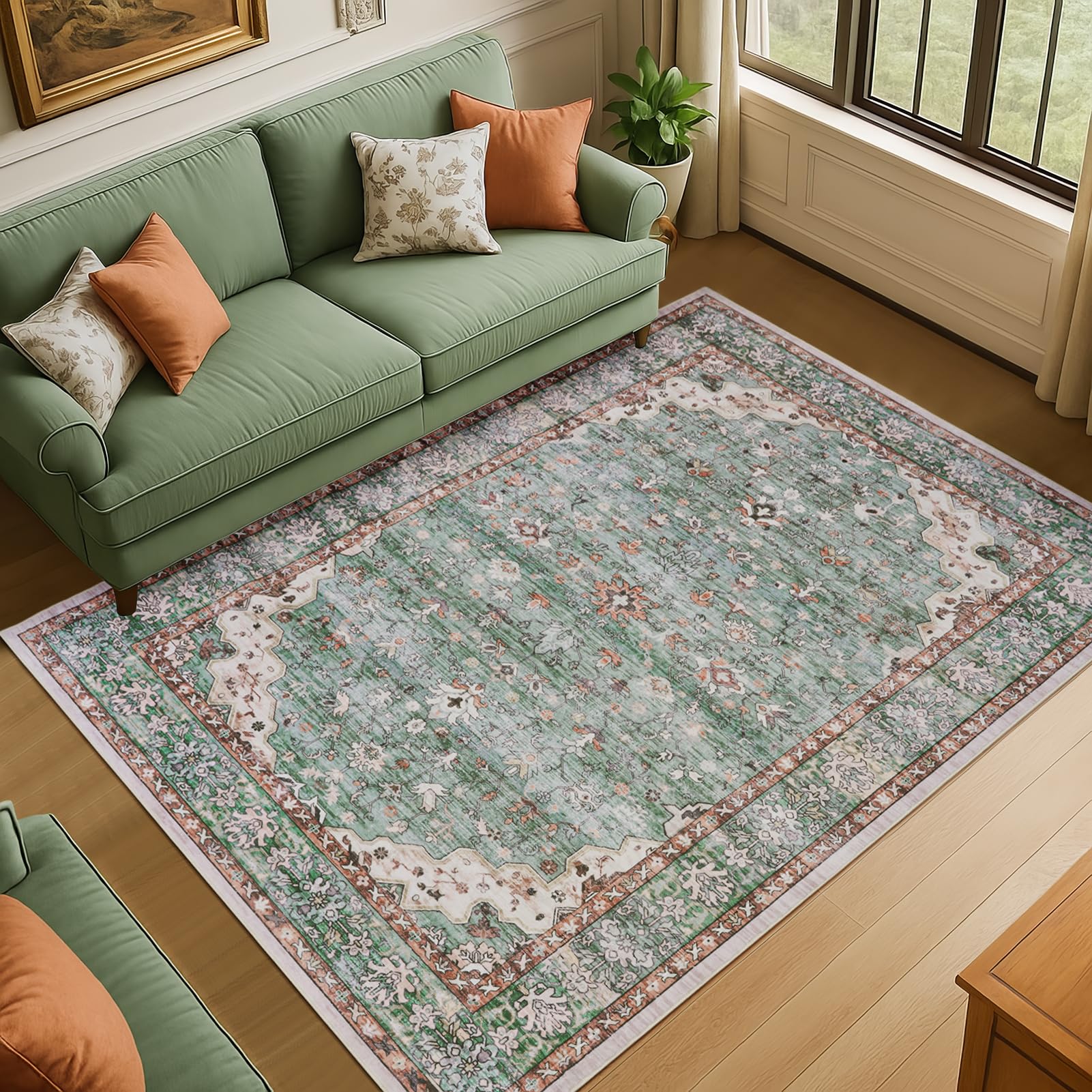 Topfinel Washable Rugs for Living Room 160x230cm, Boho Vintage Green Area Rug with Non-Slip Backing